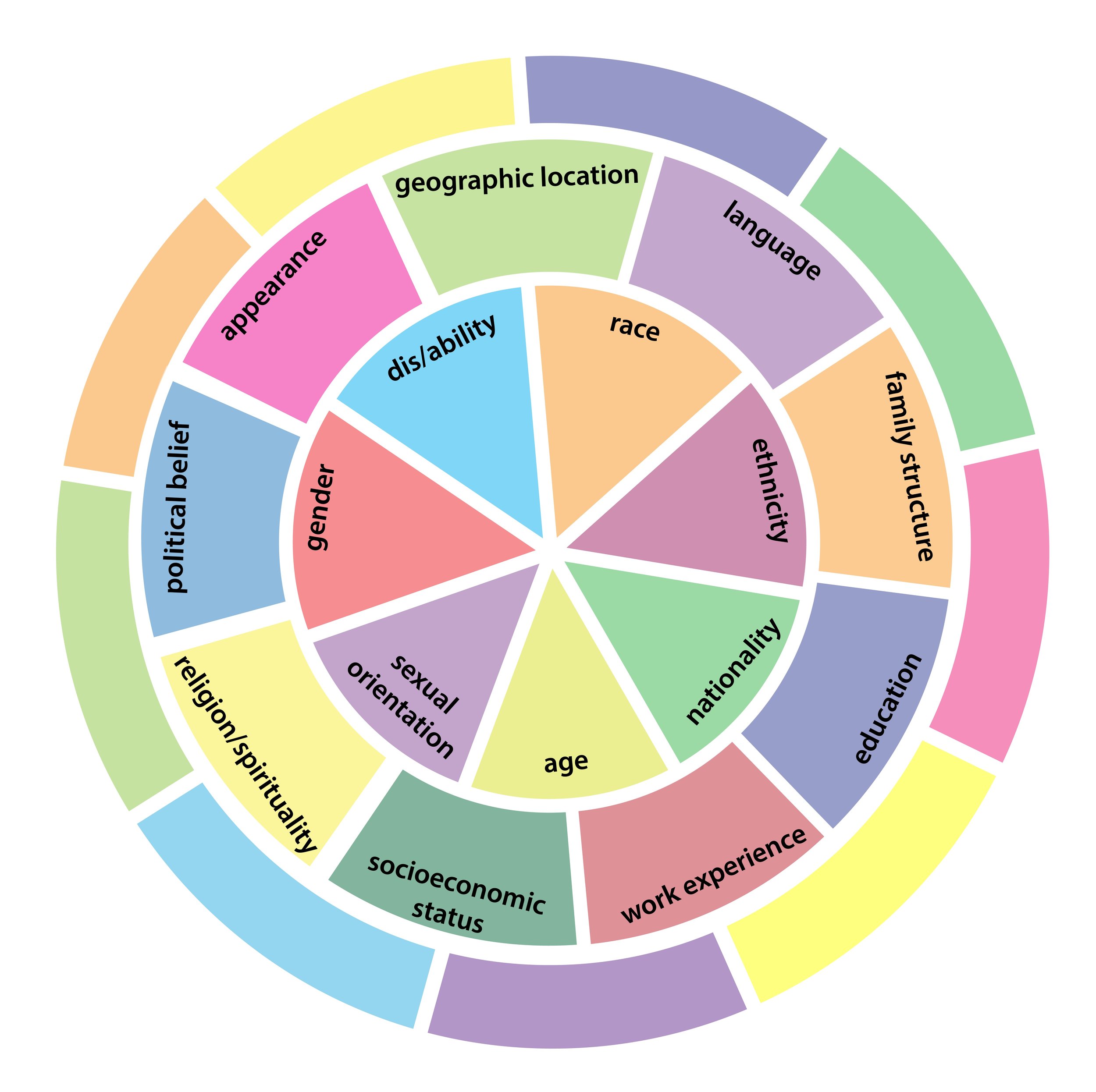 A circular identity kaleidoscope illustrating overlapping dimensions such as culture, race, language, age, ability, and life experience.