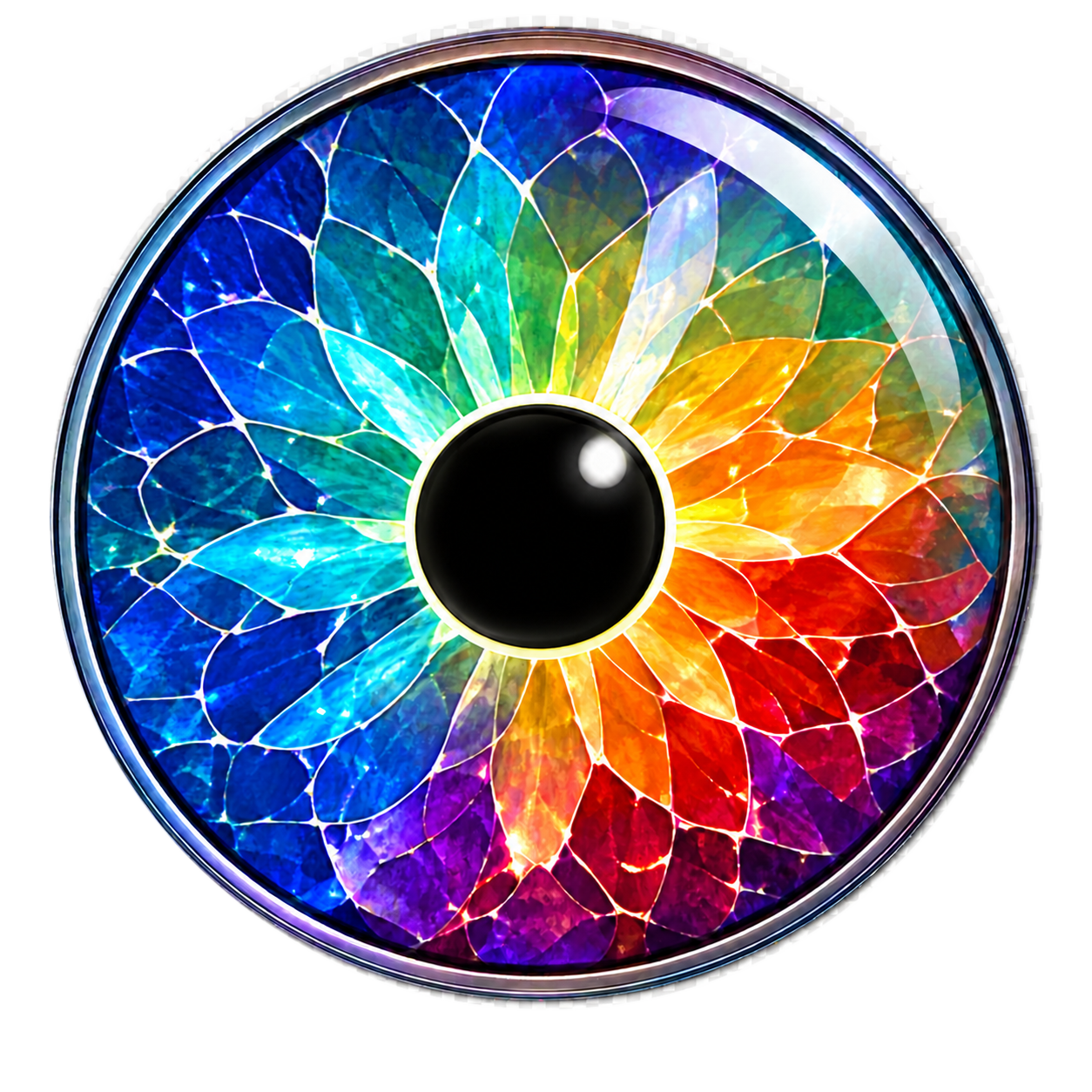 A circular Humanessence lens with a multicolored, kaleidoscopic iris surrounding a black center.