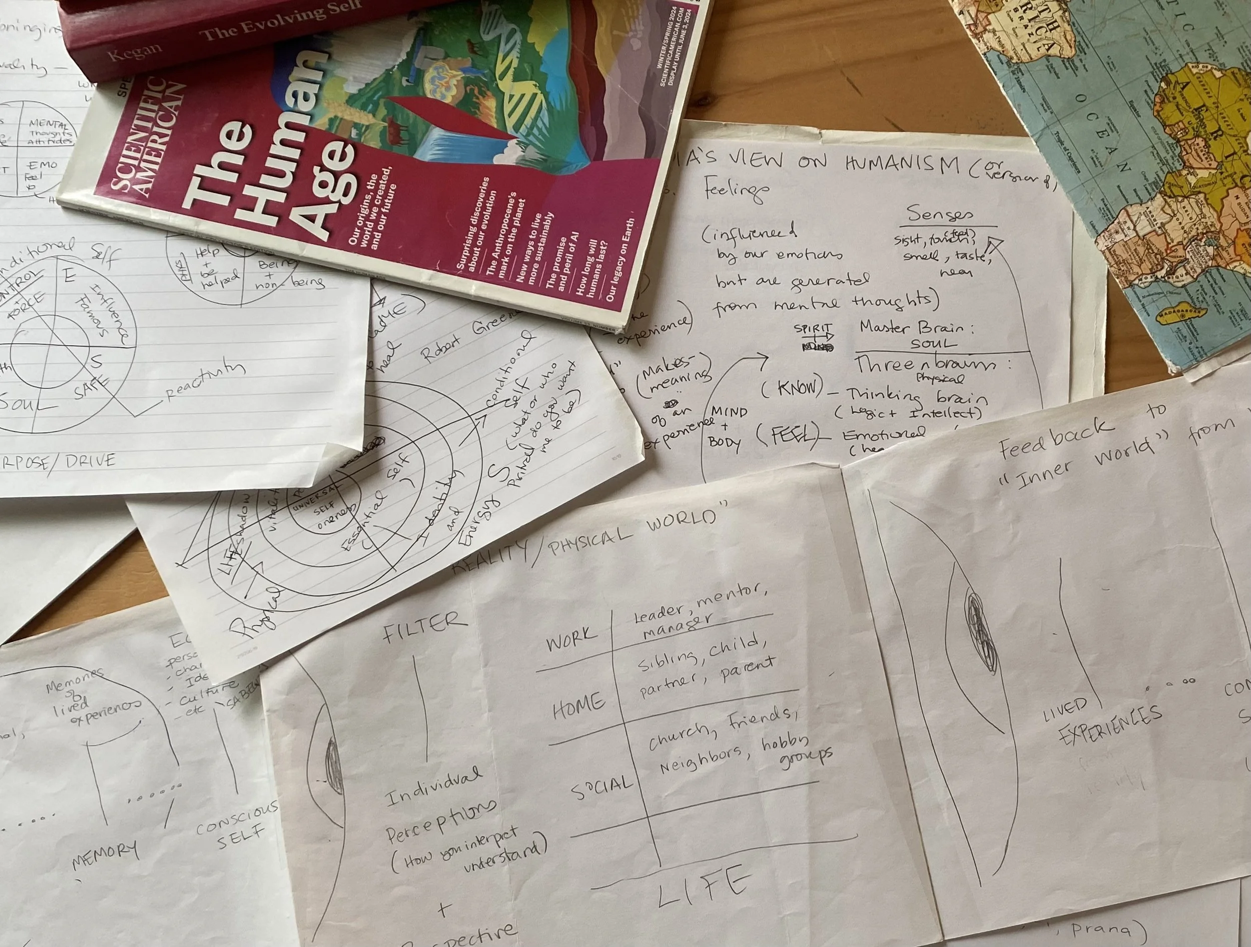 Books, handwritten notes, diagrams, and maps from the early development of Humanessence.