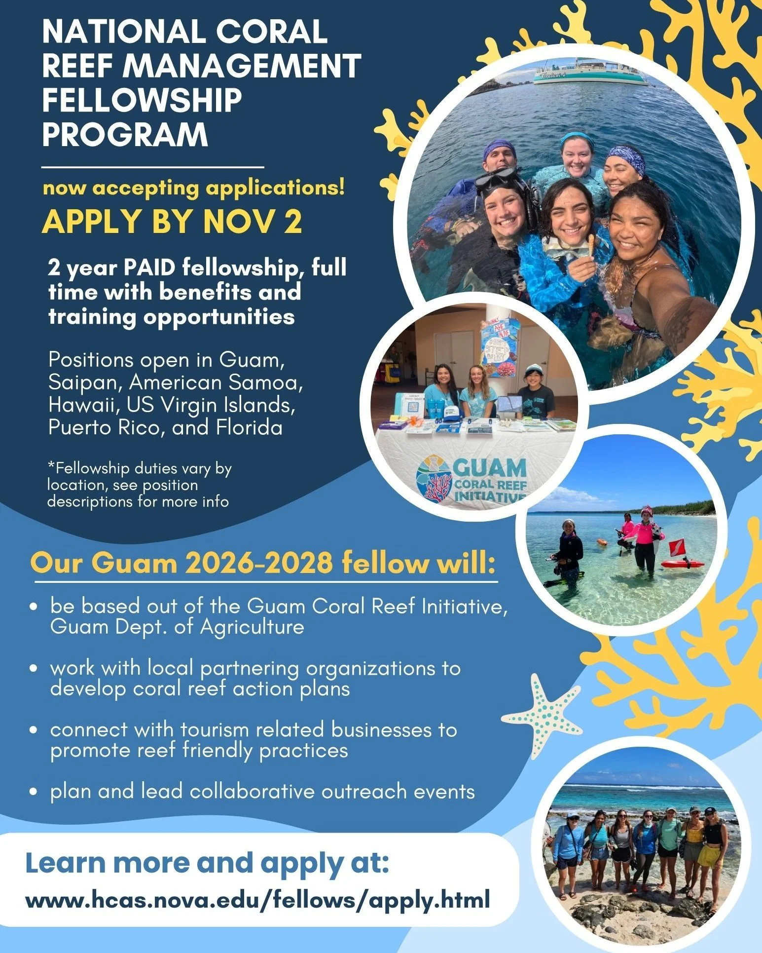 The National Coral Reef Management Fellowship Program is a two-year program that aims to enhance coral reef management capacity while providing professional development and training for the next generation of coral reef managers. Fellows in different