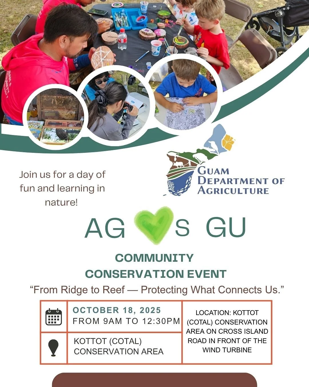 Got plans this Saturday?? 🤔
Join us for the Guam Department of Agriculture&rsquo;s
AG 💚s GU: Community Conservation Event this
Saturday, Oct. 18 (9AM-12:30PM) at Kottot (Cotal, right by the Tarzan Falls trailhead).

Enjoy hands-on activities, natur