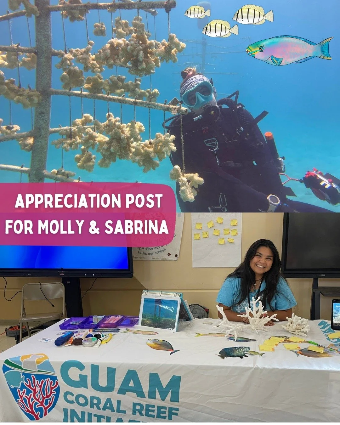After two years working with Guam Coral Reef Initiative, Molly and Sabrina are beginning their next adventure in Maui with the Marine Institute at Maui Ocean Center (MOCMI). GCRI is so grateful for their time in Guam and we wish them the best &ndash;