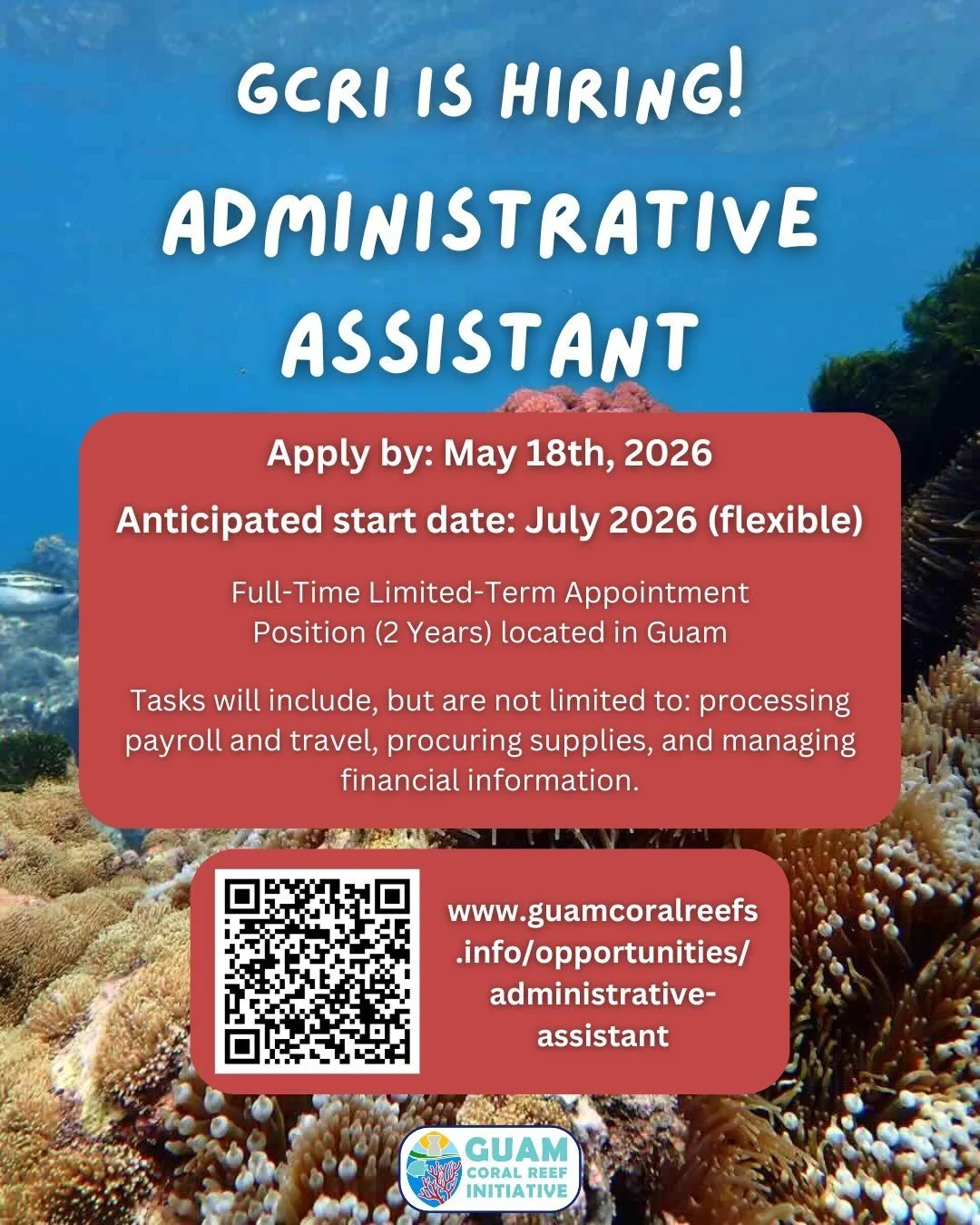 GCRI is hiring an administrative assistant! 🪸 Learn more about the job and how to apply here: www.guamcoralreefs.info/opportunities/administrative-assistant 
(link in our bio)