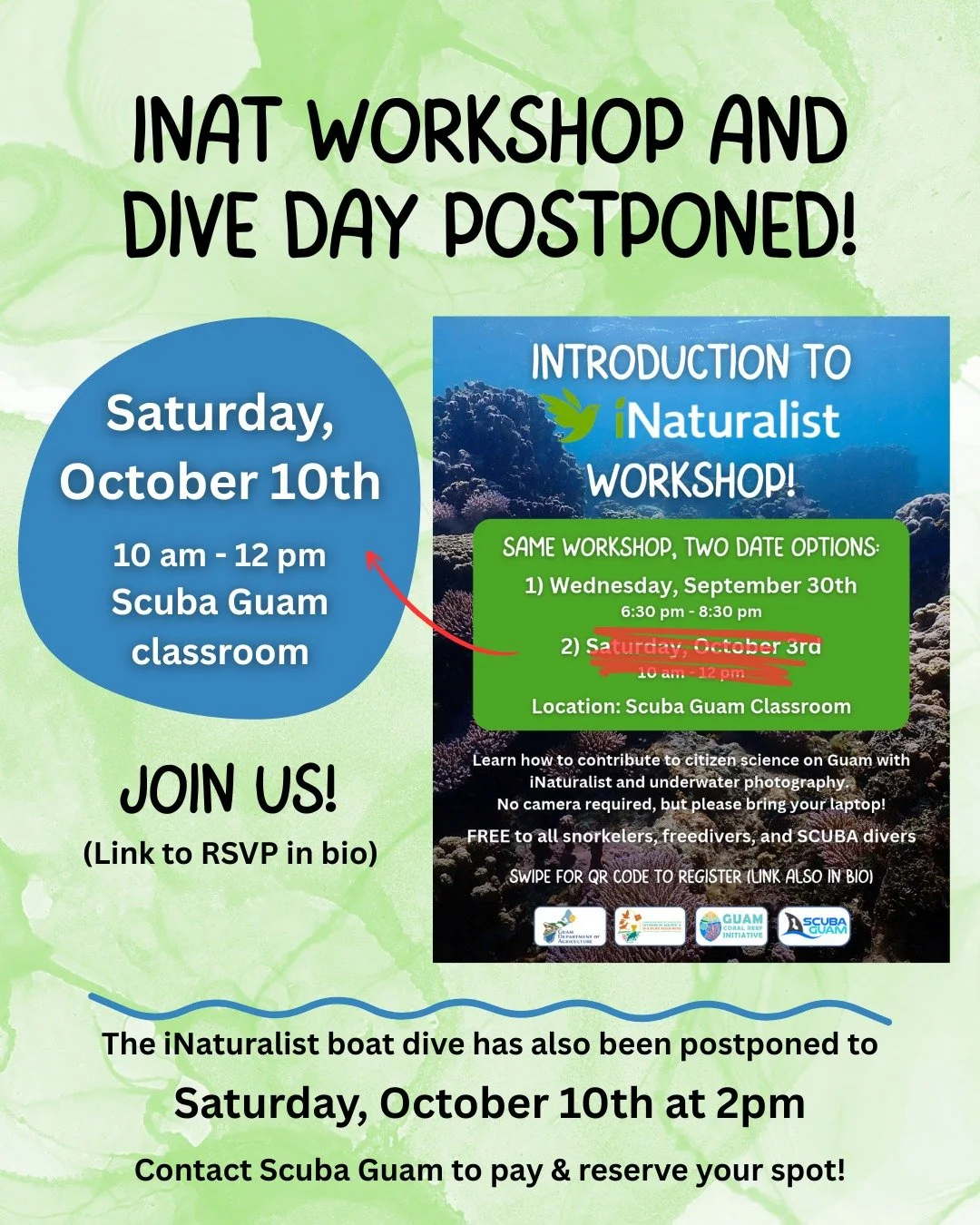 We have POSTPONED our iNaturalist workshop and boat dive due to the storm! Come join us next Saturday, 10/10 from 10am - 12pm at Scuba Guam for a fun (and free!) session to learn about Guam's reef species, and how to contribute to citizen science thr