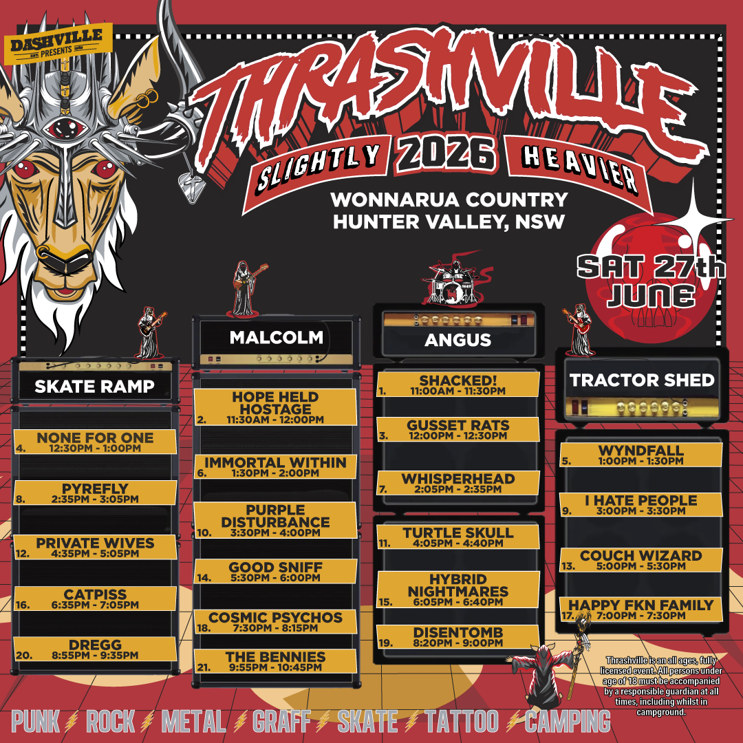 Thrashville 2026 program with playing times