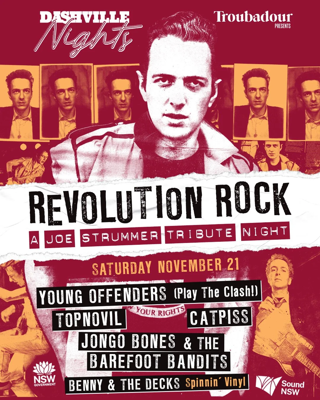 Link to Dashville Nights webpage 'Rvolution Rock' event live at Dashville Saturday 21st November, featuring The Young Offenders, Topnovil, Catpiss, Jongo Bones & the Barefoot Bandits, plus DJ Benny & the Decks