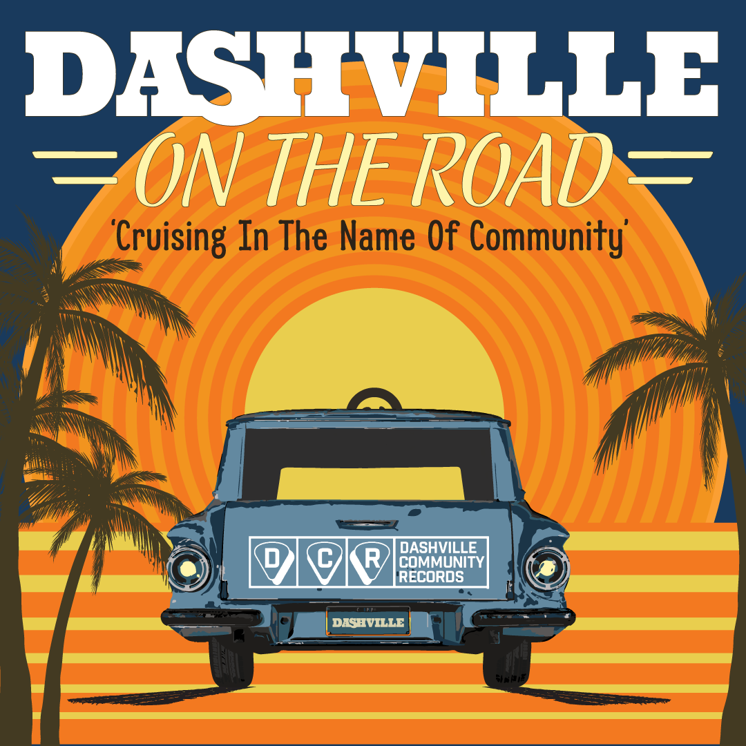 Dashville On The Road DCR promo tile featuring an old ford tationwagon driving into a sunset flanked by palm trees