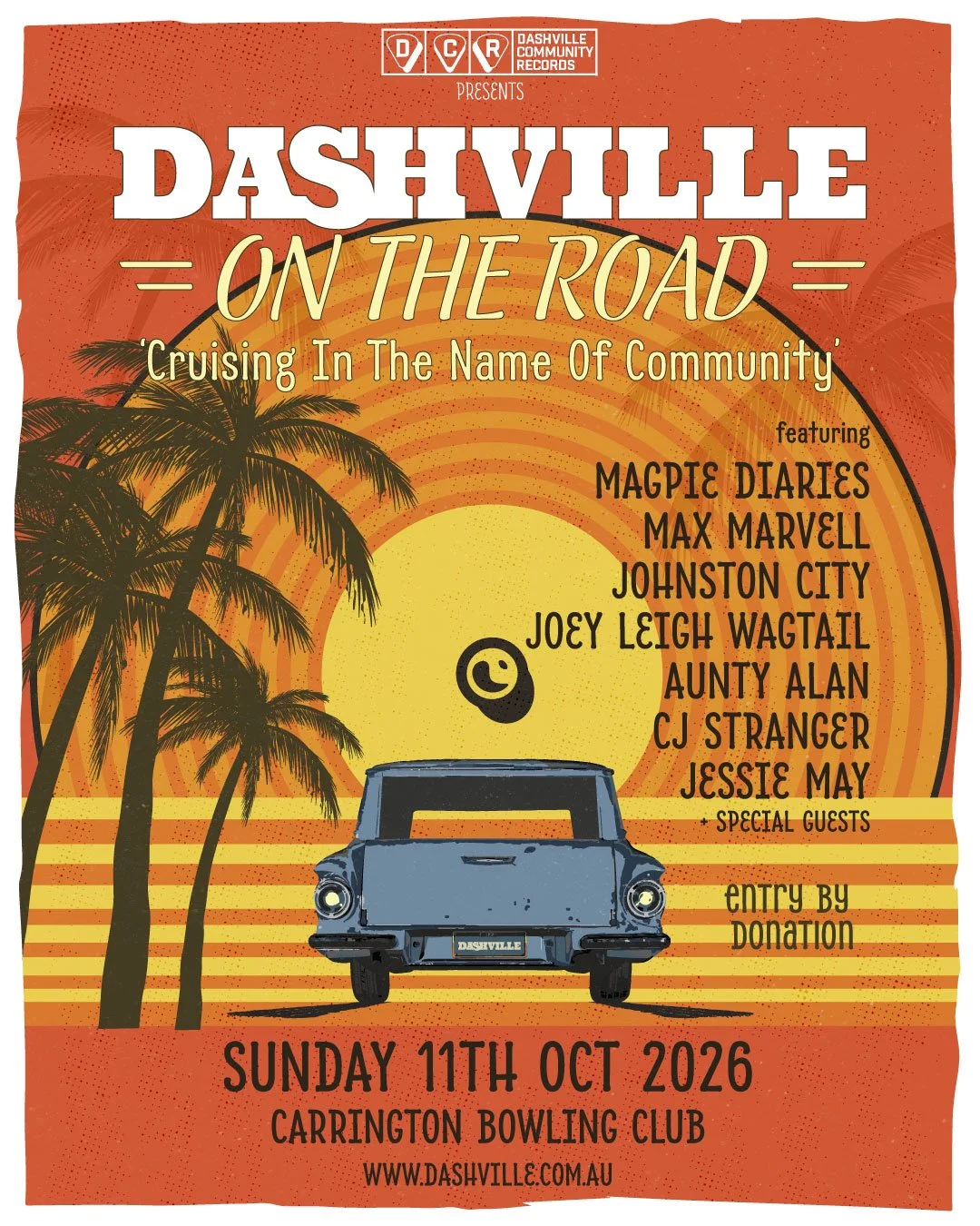 Dashville On The Road Carrington promo tile depicts a hand drawn station wagon driving into a ringed sunset