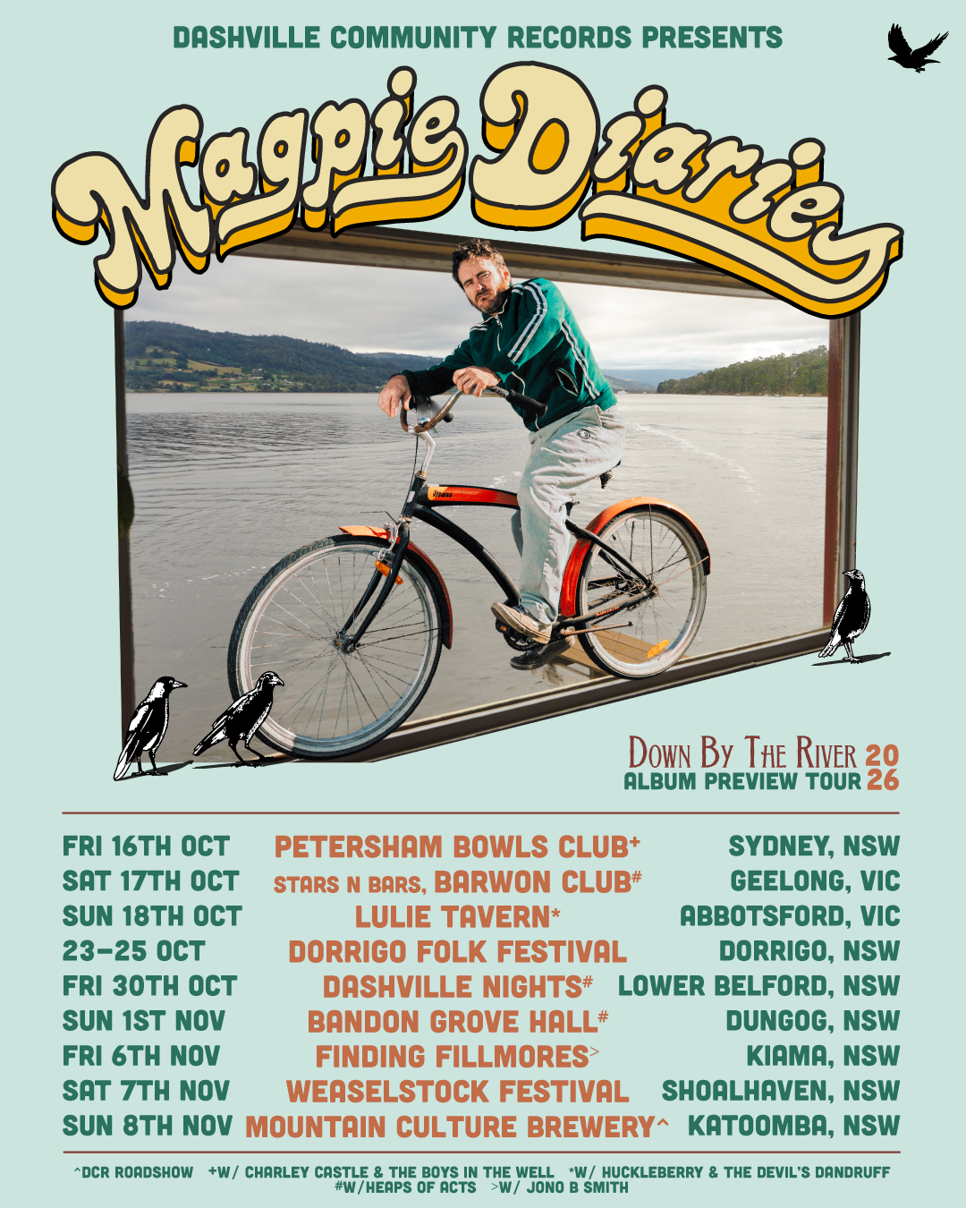 A man in a green jumper sitting on an orange and black bicycle infront of a framed image of a river surrounded by green hills. 3 hand drawn magpies are on either side of the frame, touring information for the band Magpie Diaries.