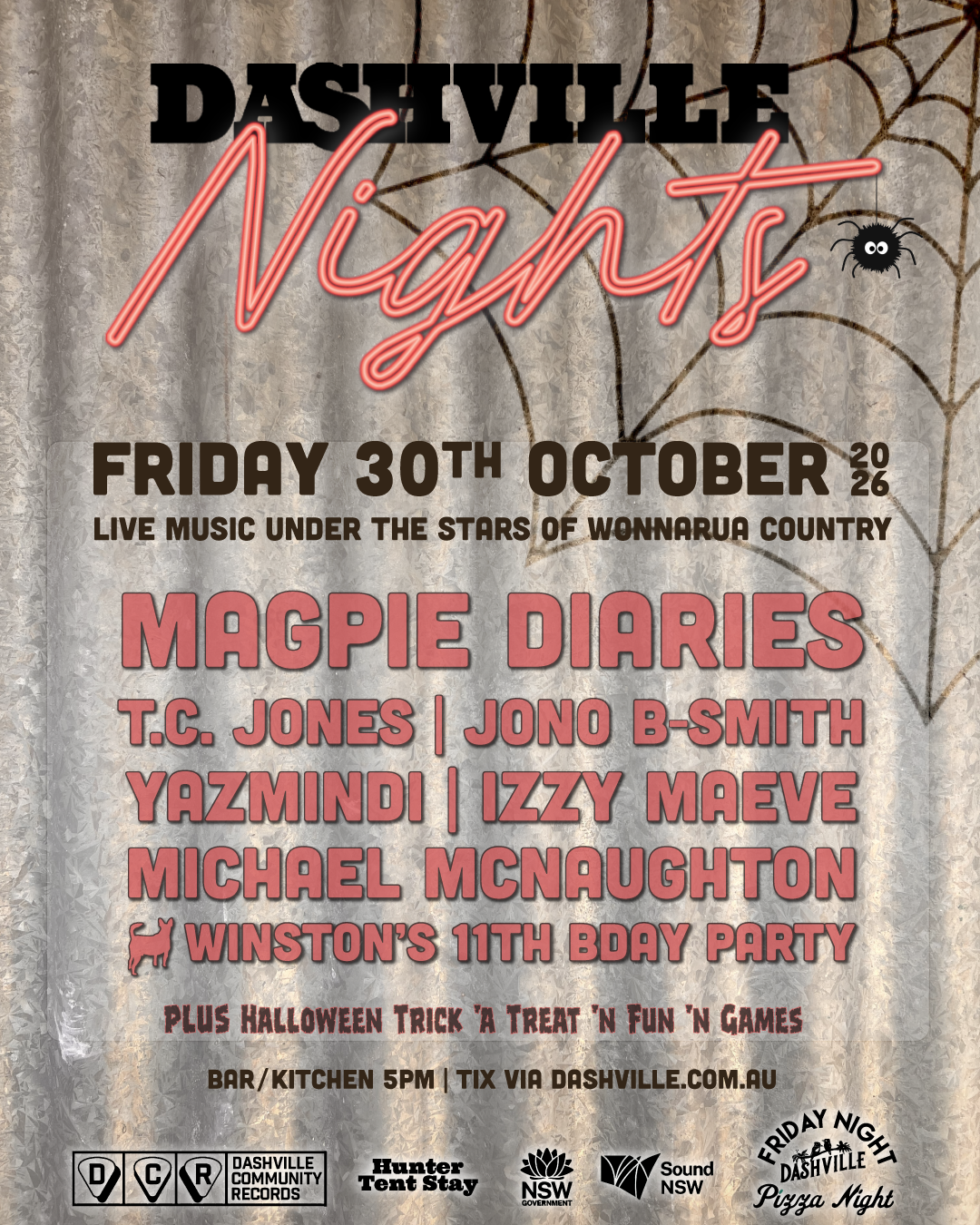 Dashville Nights flyer advertising a concert on Friday 30th October featuring Magpie Diaries, T.C. Jones, Jono B-Smith, Yazmindi, Izzy Maeve, Michael McNaughton. It's also Winstons birthday celebrations