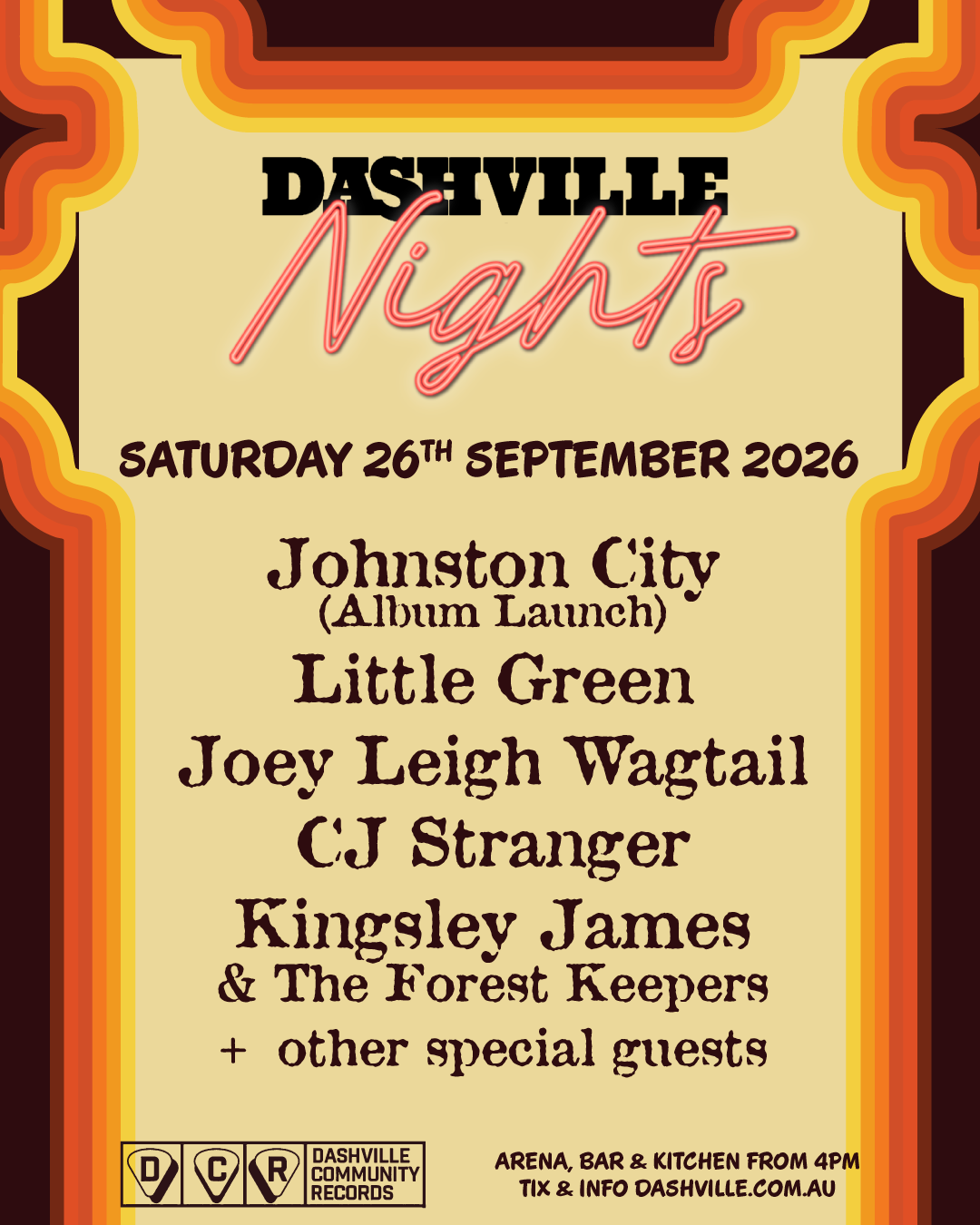Dashville Nights flyer advertising a concert on Saturday 26th September featuring Johnston City, Little Green, Joey Leigh Wagtail, CJ Stranger, Kingsley James & the Forest Keepers.