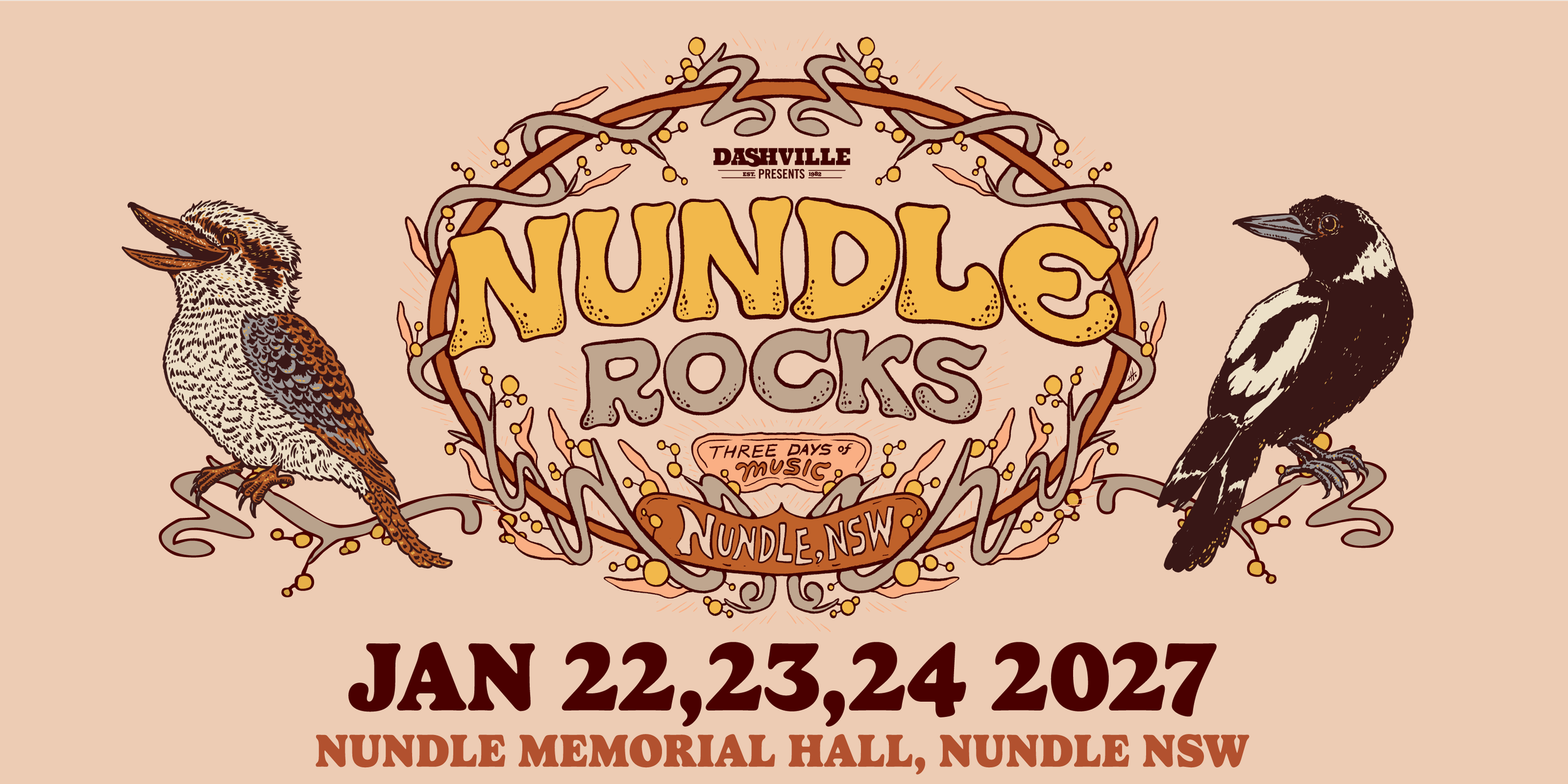 Nundle Rocks 2027 promo banner for January 22-24 at the Nundle Memorial Hall. A kookaburra on the left and a magpie on the right sitting on branches, flanking the logo which is in an oval with branches and wattle intertwining