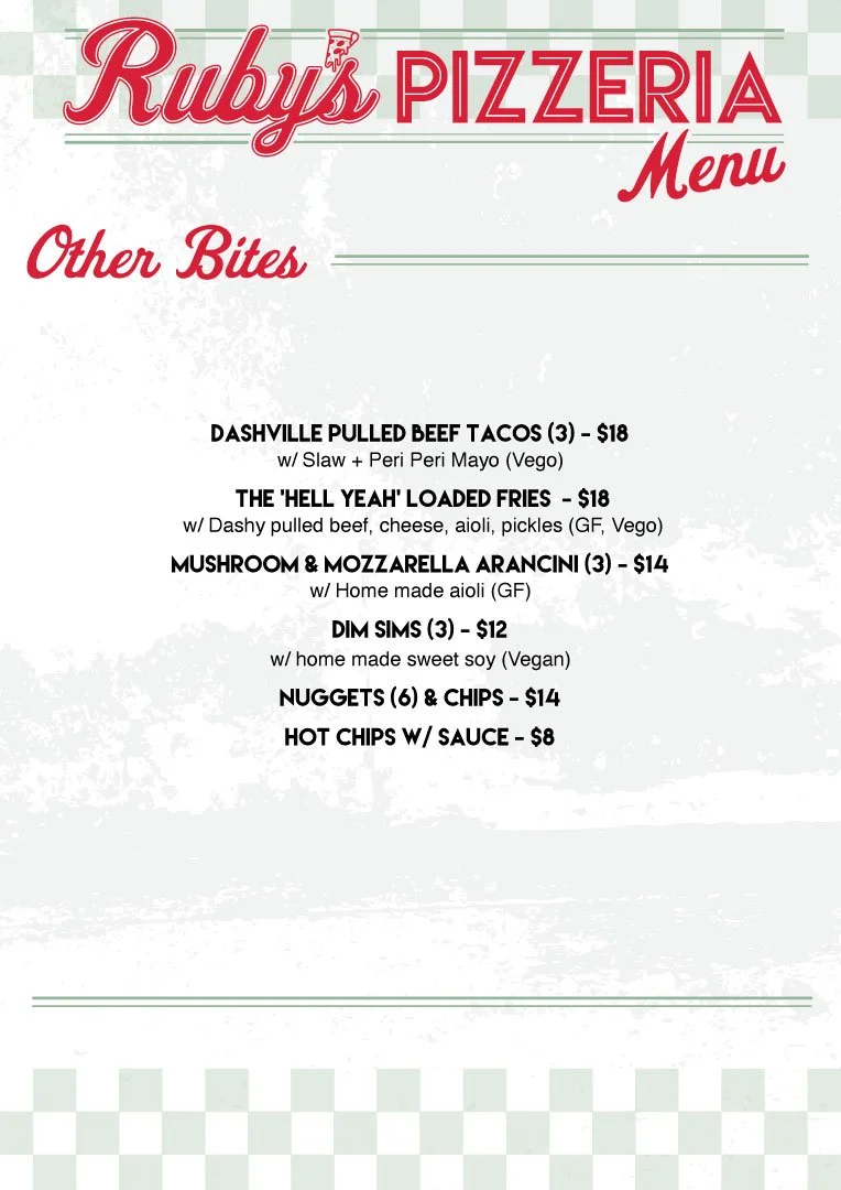 Ruby's Pizzeria Other Bites Menu