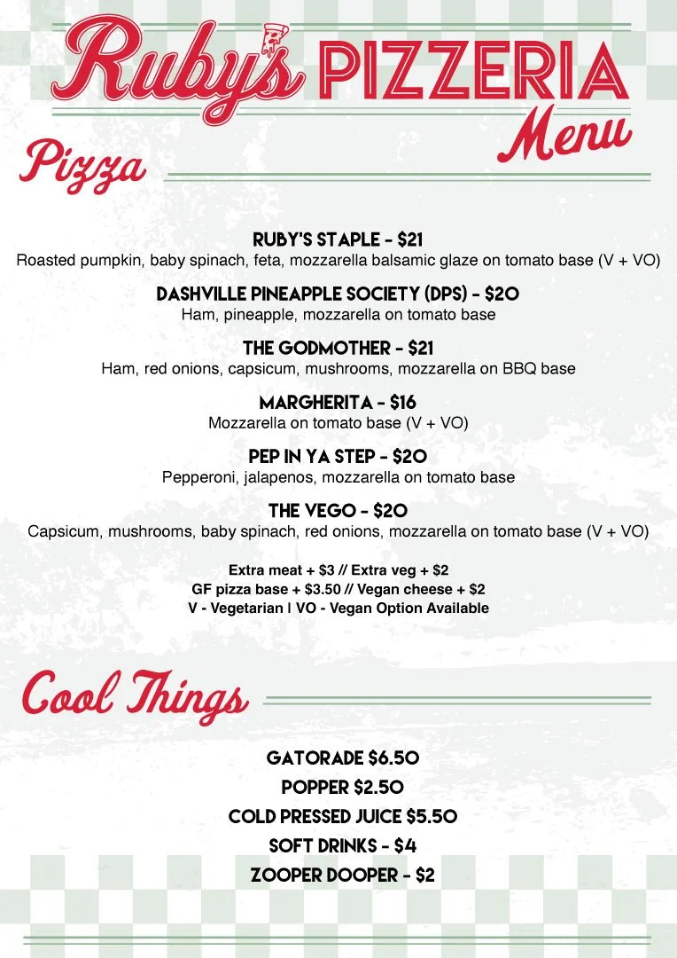 Ruby's Pizzeria Menu