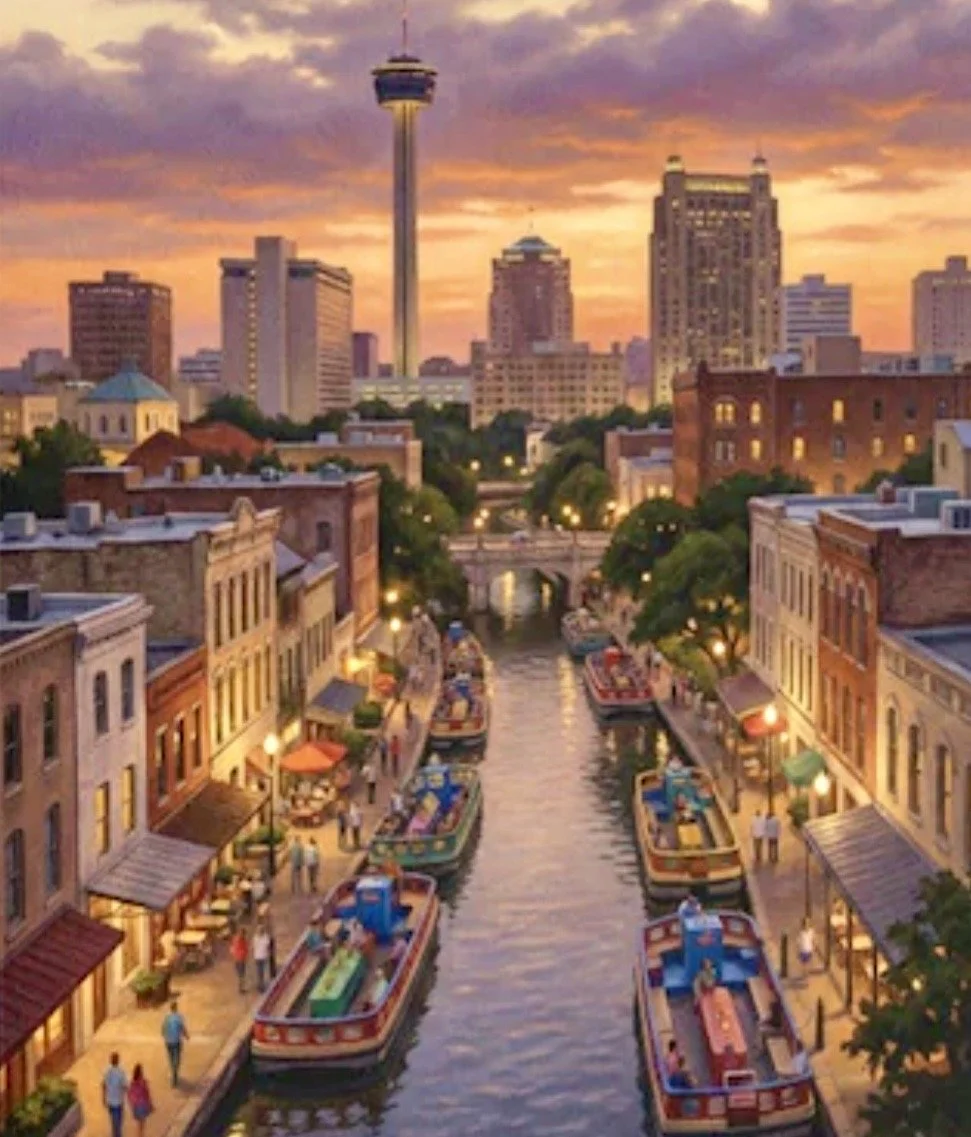 Sunset over a San Antonio city skyline featuring a tall observation tower, with a canal lined with shops, restaurants, and boats in the foreground.