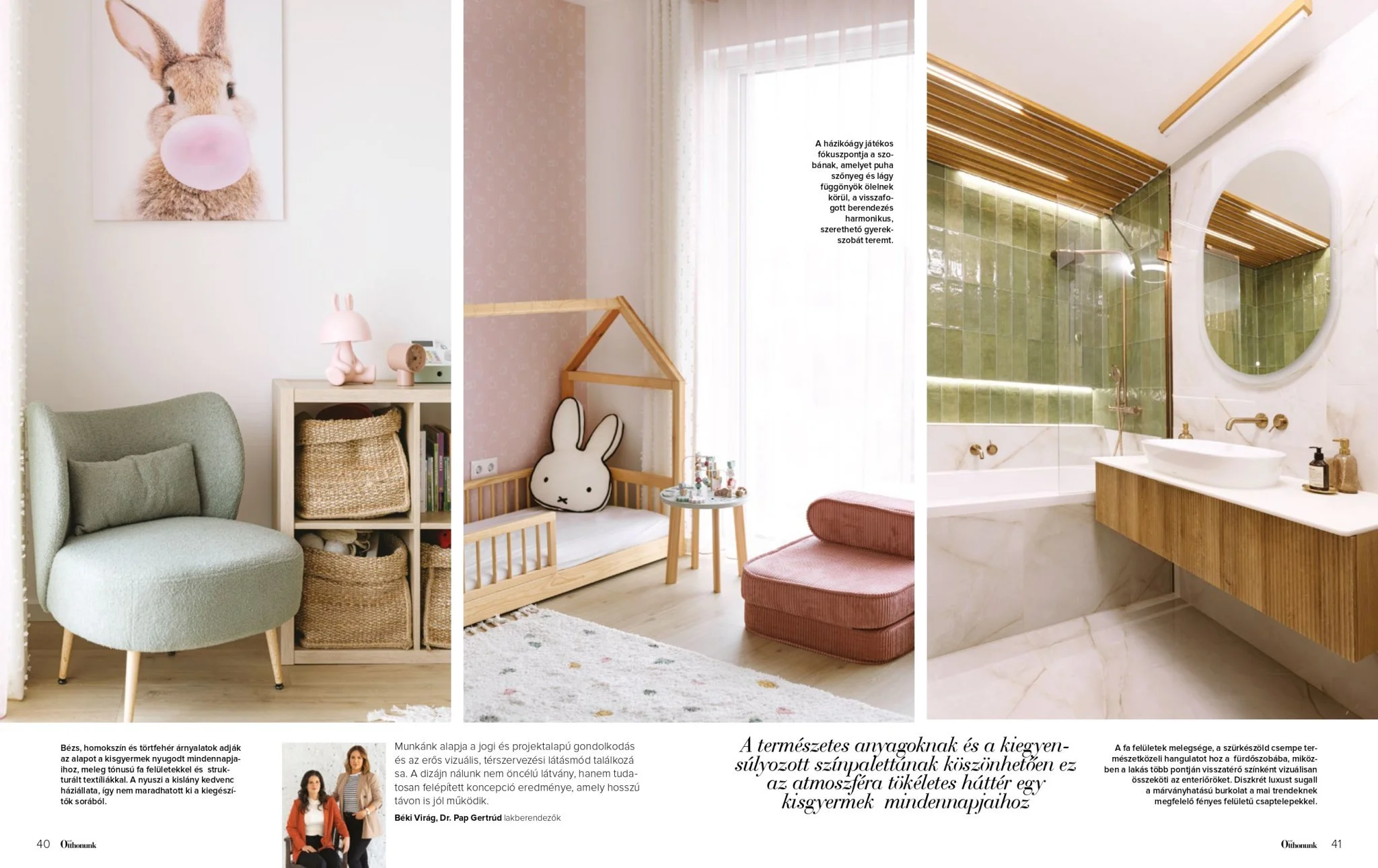 Photos displaying a cozy, modern children's room and bathroom. The children's room features a pastel-colored armchair, a cubical bookcase with baskets, a wall art of a rabbit with bubblegum, and decorative plush toys. The bathroom has green-tiled wal