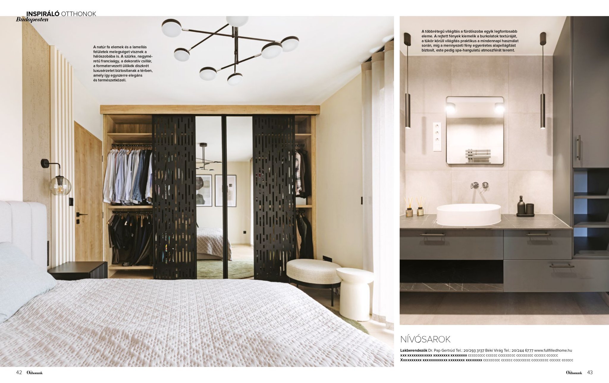 Photo of a bedroom showing a bed with a textured coverlet, a nightstand, a vintage-style wall lamp, a large wardrobe with black decorative sliding doors, and a view into a closet with hanging clothes and framed artwork on the wall.