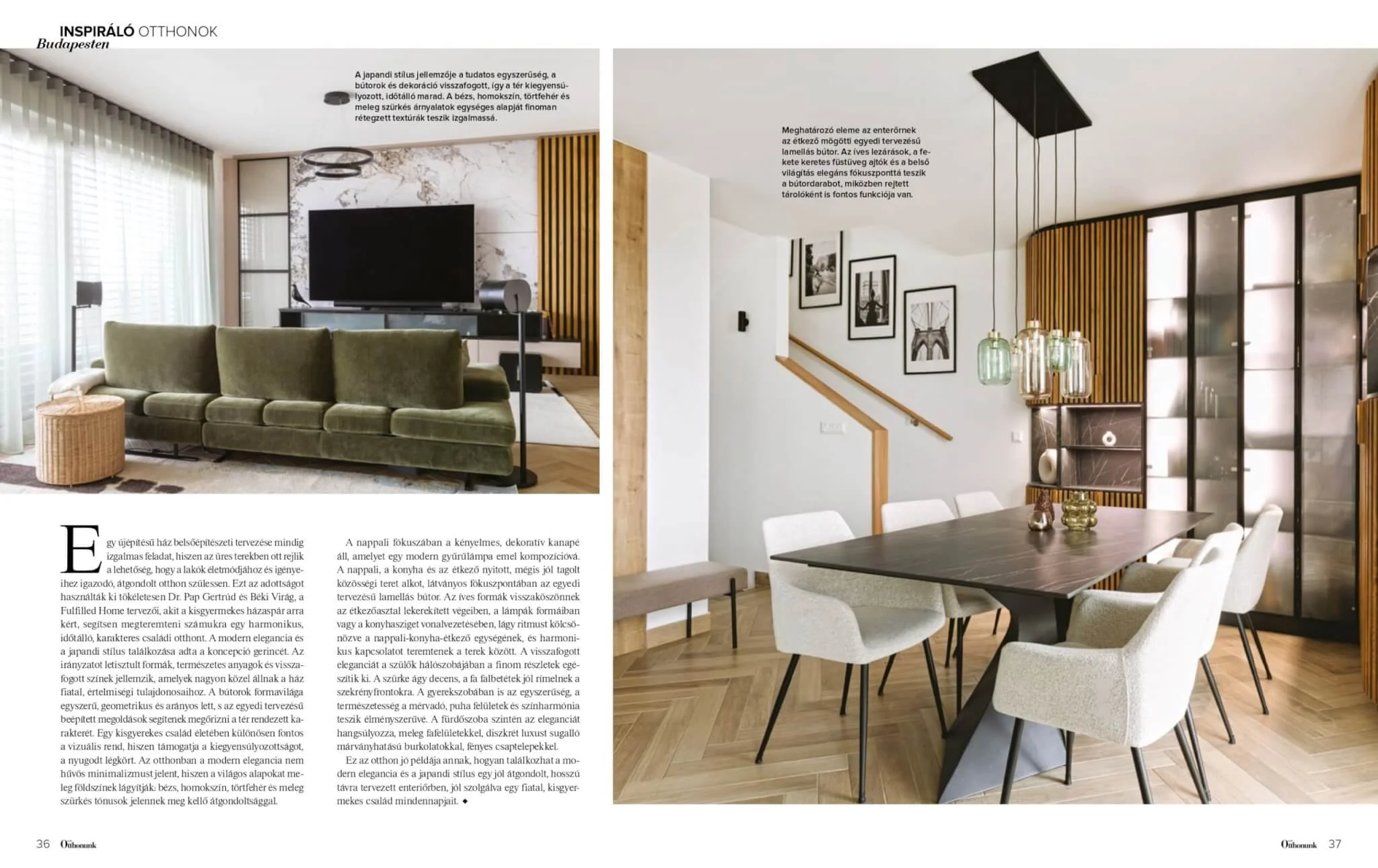 Open magazine spread showing two interior design images: the left depicts a living room with a green velvet sofa, a wicker side table, a TV on a black TV stand against a marble wall, and large windows with white curtains; the right shows a dining are
