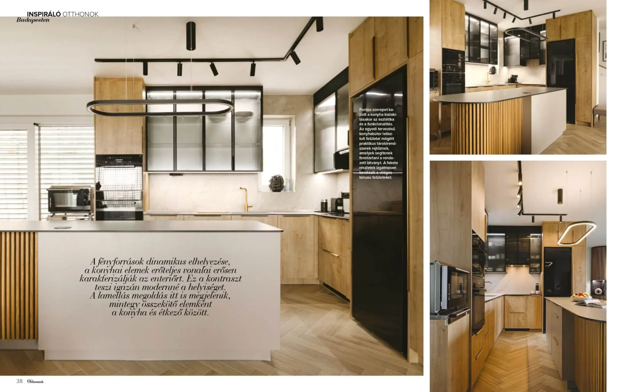 Images of modern kitchen interiors featuring wooden cabinetry, black accents, and contemporary lighting fixtures.