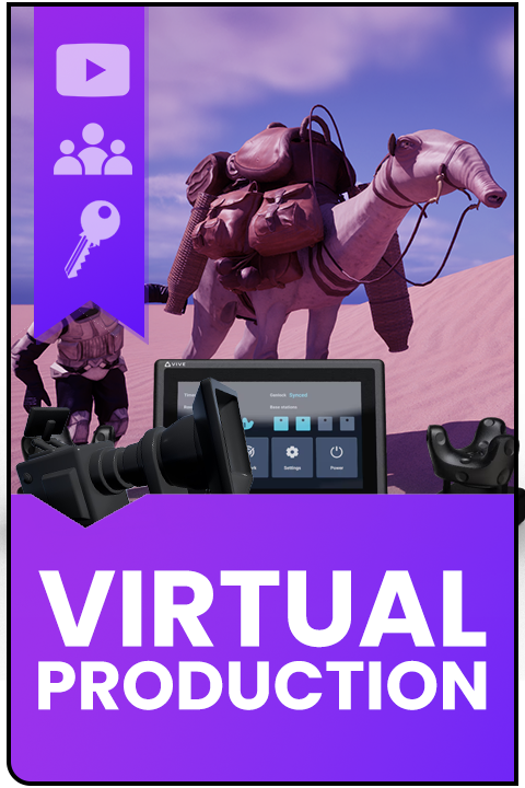 A desert scene with a person and a camel, digital virtual reality equipment in the foreground, and a purple overlay with icons and the text 'VIRTUAL PRODUCTION'.