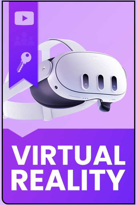 Virtual reality headset with icons of a play button, a key, and a paint palette on a purple background.