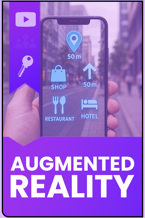 Smartphone displaying augmented reality navigation icons for shop, restaurant, hotel, and location, with a city street in the background.