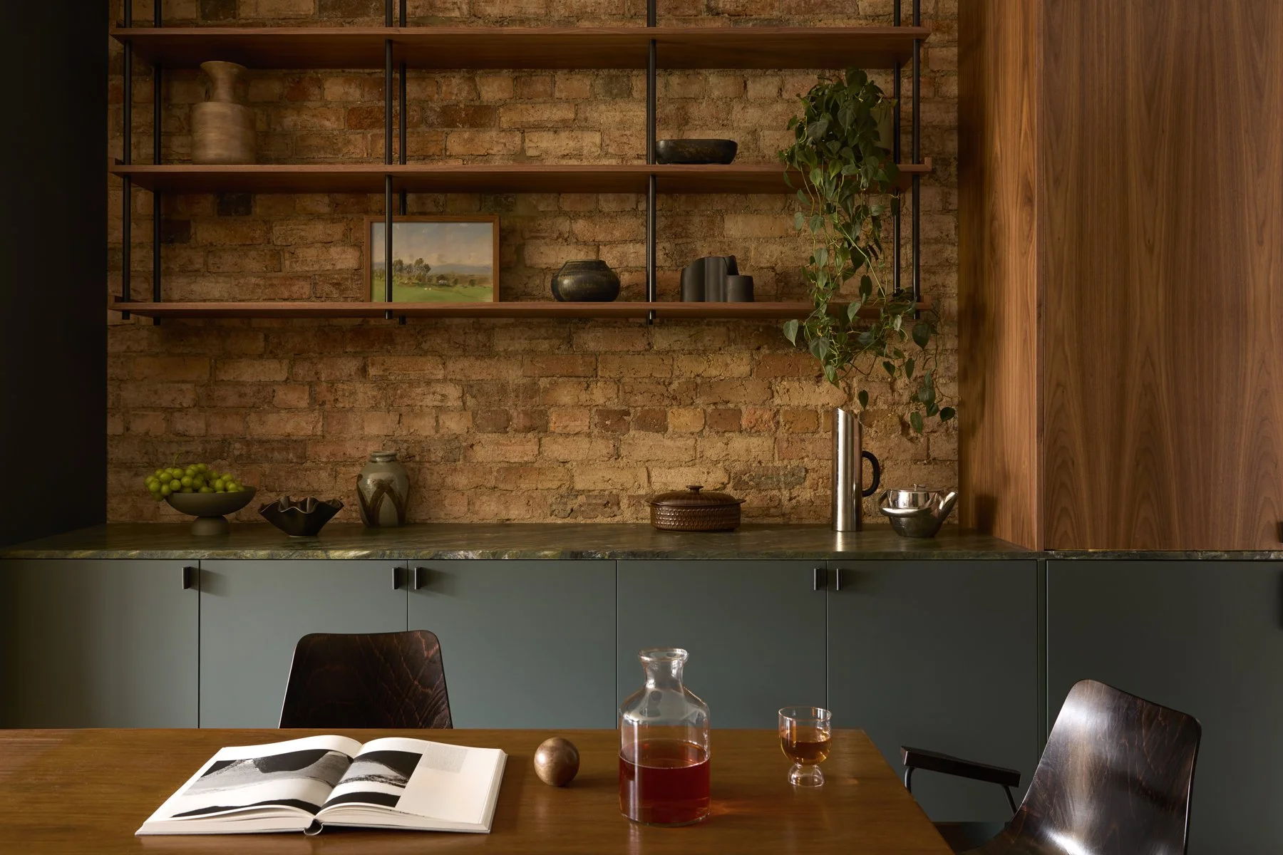 Dining room hanging shelf and console. walnut bar and dinning table