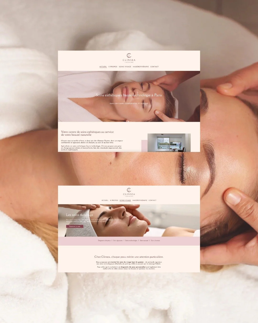 Un site web, c'est jamais juste une page d'accueil.

C'est un parcours complet. Une exp&eacute;rience qui doit rester coh&eacute;rente de la premi&egrave;re seconde &agrave; la prise de rendez-vous.

Pour Clinsea, j'ai con&ccedil;u chaque page pour q