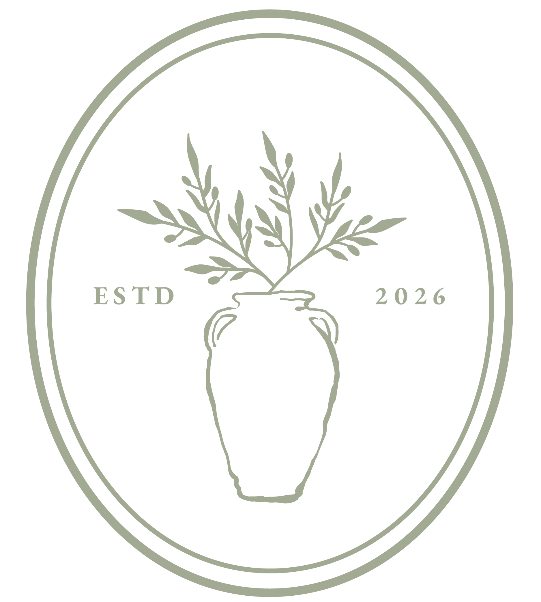 Logo avec une branche d'olivier dans une cruche, entouré d'un cercle, avec le texte 'ESTD 2026'.