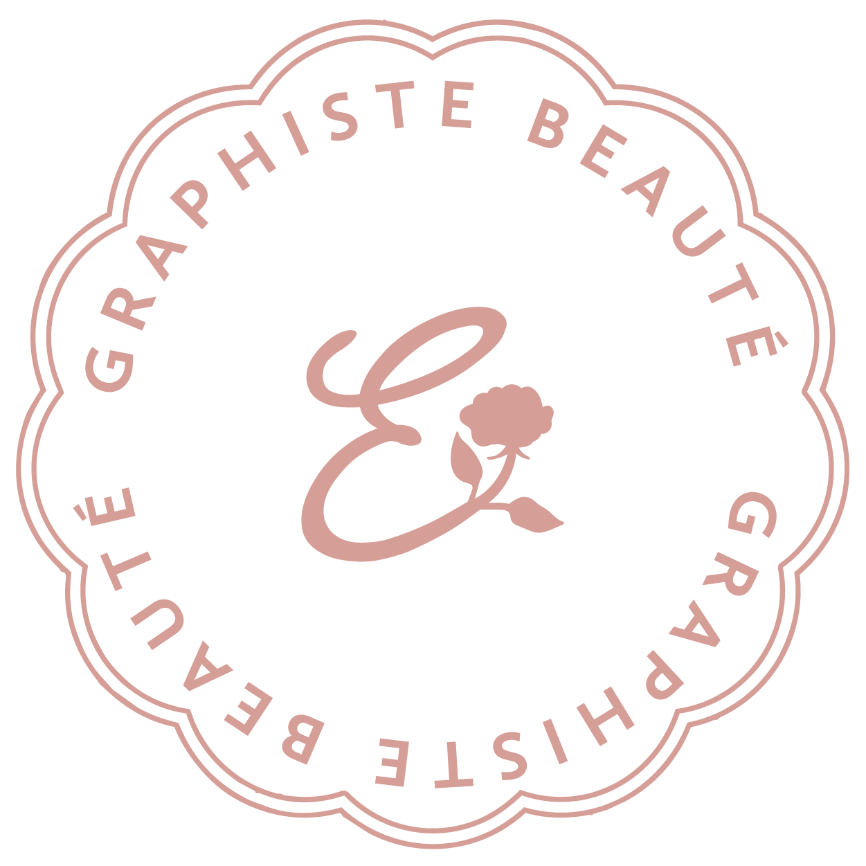 Logo avec texte 'E Bélise Grand' et 'Graphe Be Auté' autour d'un disque avec une lettre 'E' stylisée, une rose et une petite feuille.