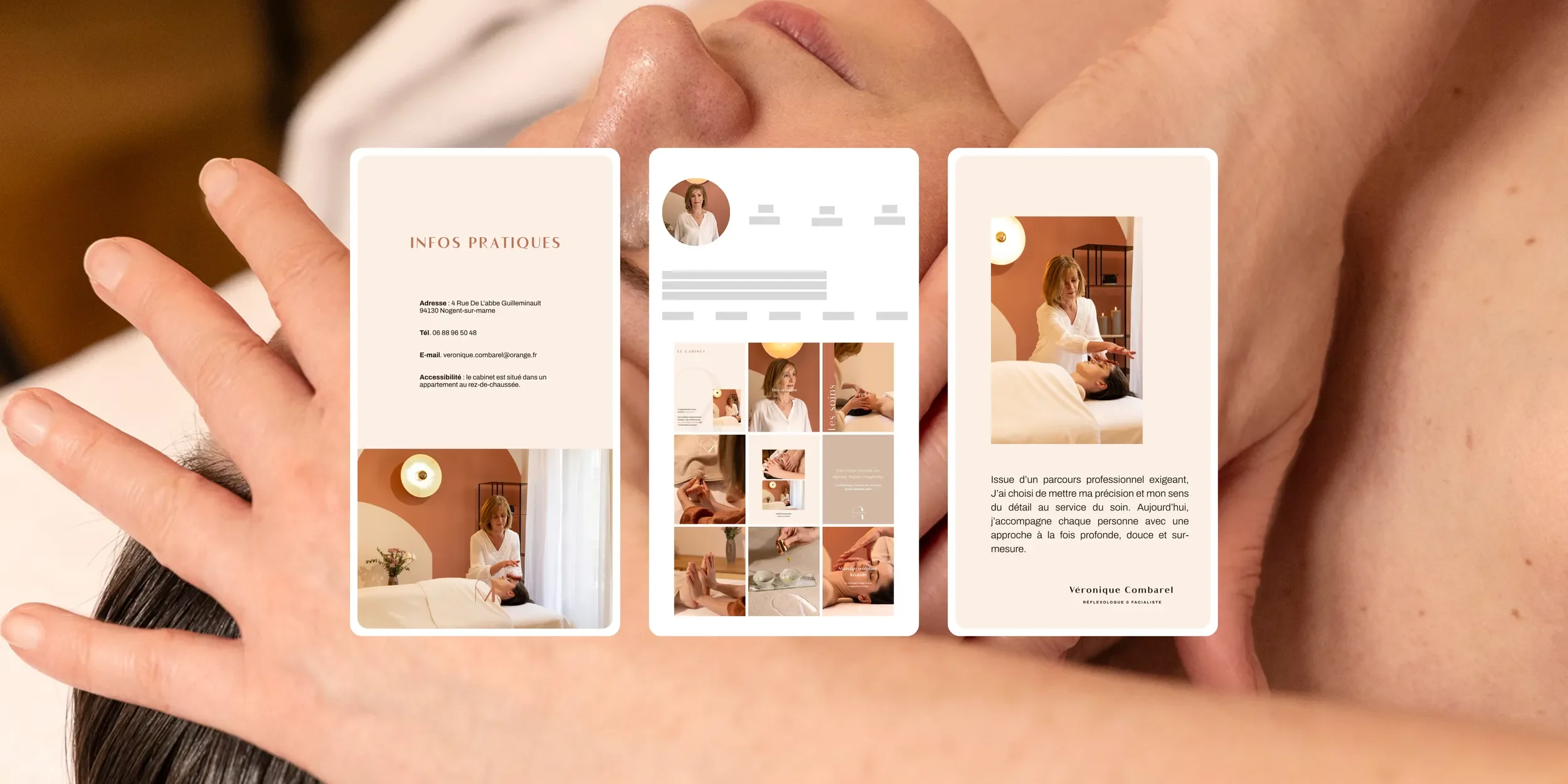 Affiche promotionnelle pour une pratique de réflexologie ou de soins de bien-être, comprenant des sections avec des photos de sessions de traitement et des informations de contact.