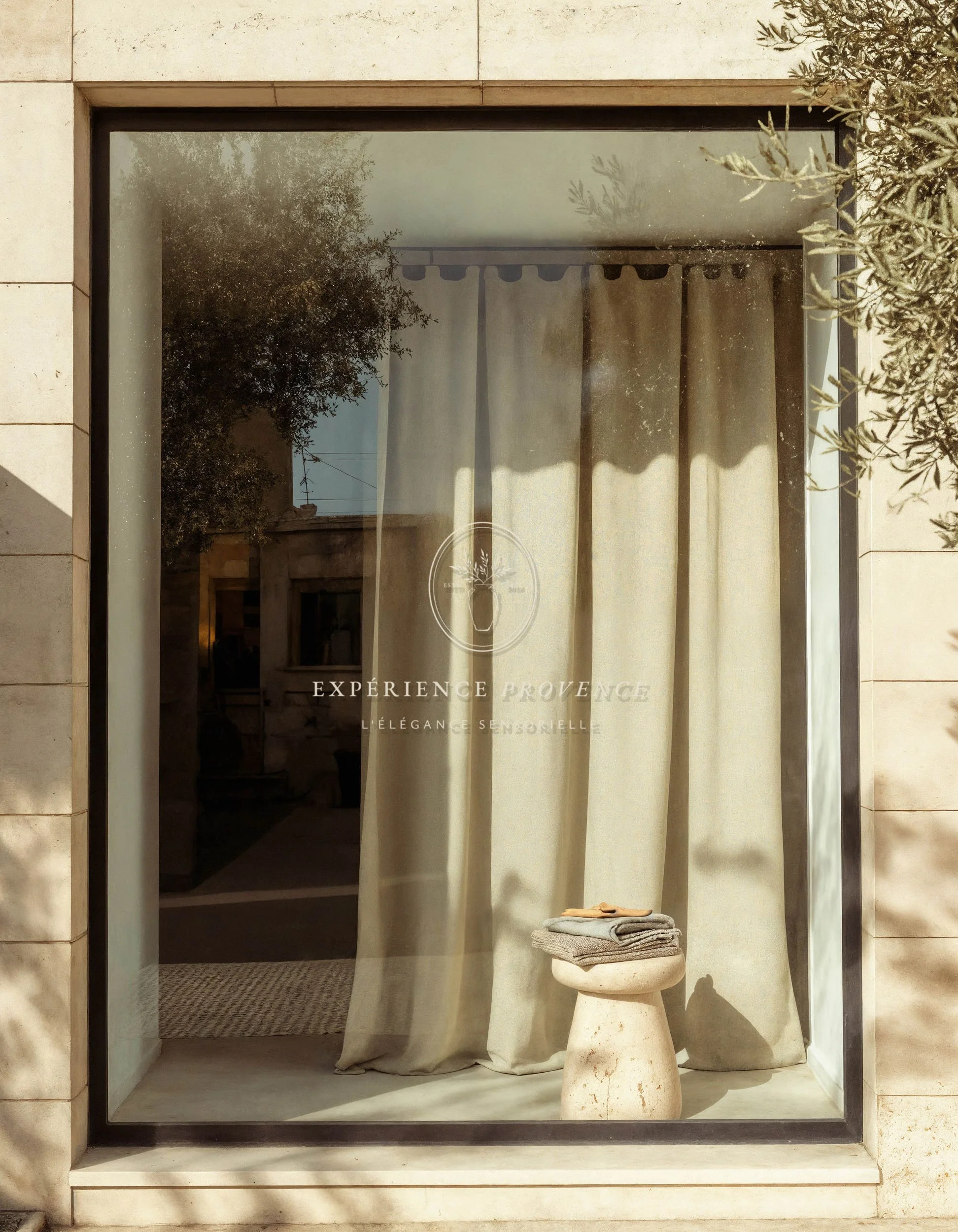 Vitrine avec rideaux beige clair, un tabouret en pierre avec des serviettes pliées dessus, et un autre tabouret en pierre en face, dans un environnement moderne, avec un miroir.