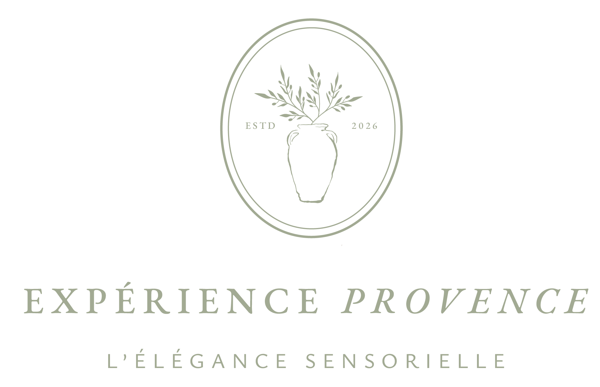 Logo avec un vase et des branches végétales, texte 'ESTD 2026', et la phrase 'EXPÉRIENCE PROVENÇE L'ÉLÉGANCE SENSORIELLE' en dessous.