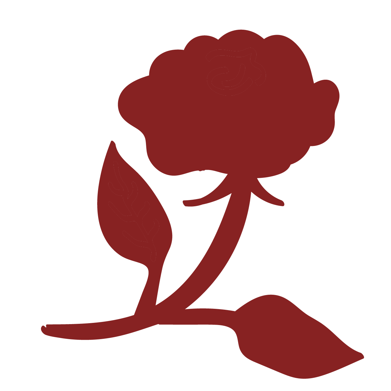 Silhouette d'une rose en couleur rouge foncé, avec une fleur, une feuille et une tige.