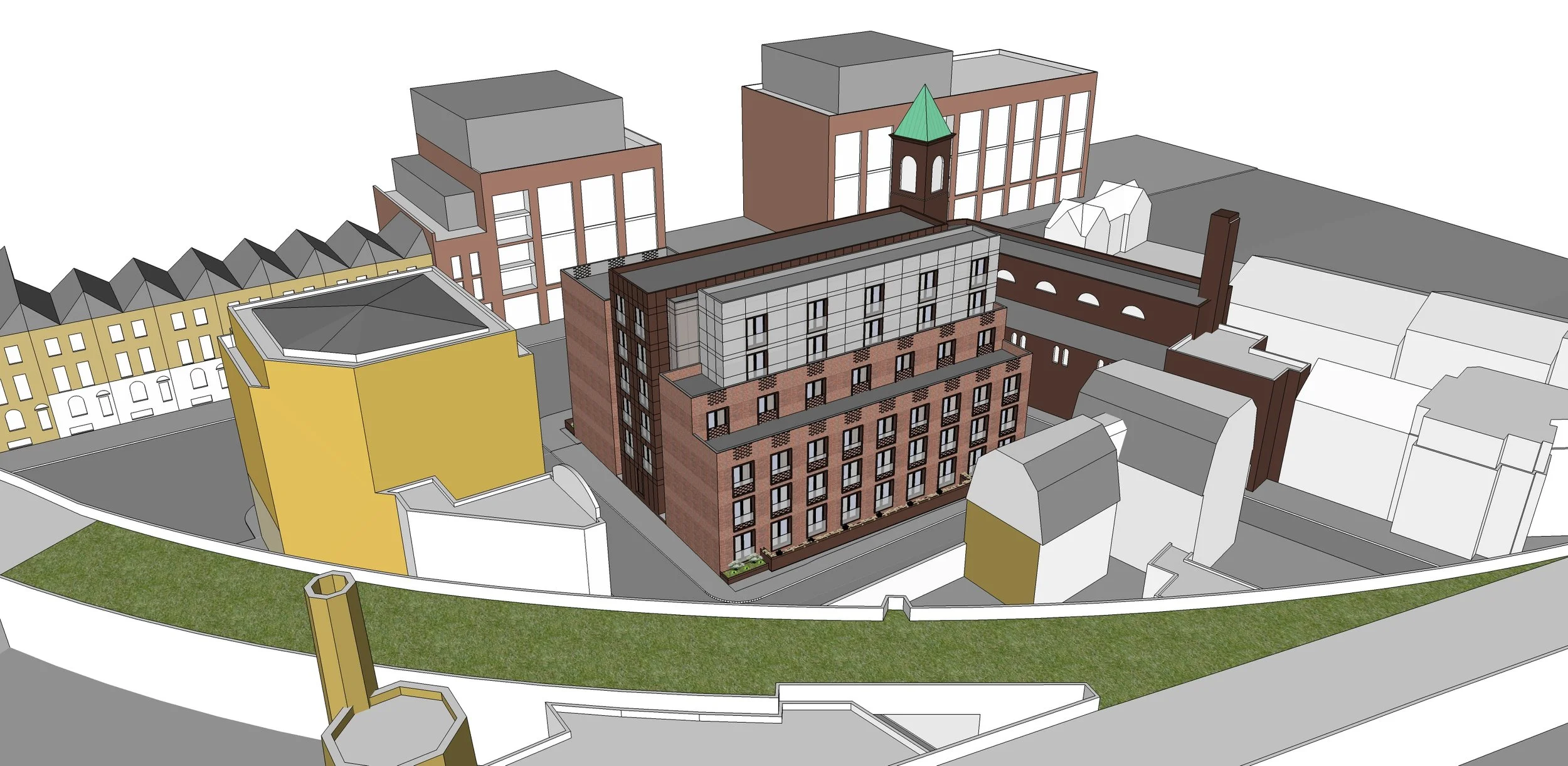 A 3D model of an urban cityscape featuring modern and historic buildings, including a yellow building, a red brick building with balconies, a building with a green-topped tower, and surrounding houses with pitched roofs.