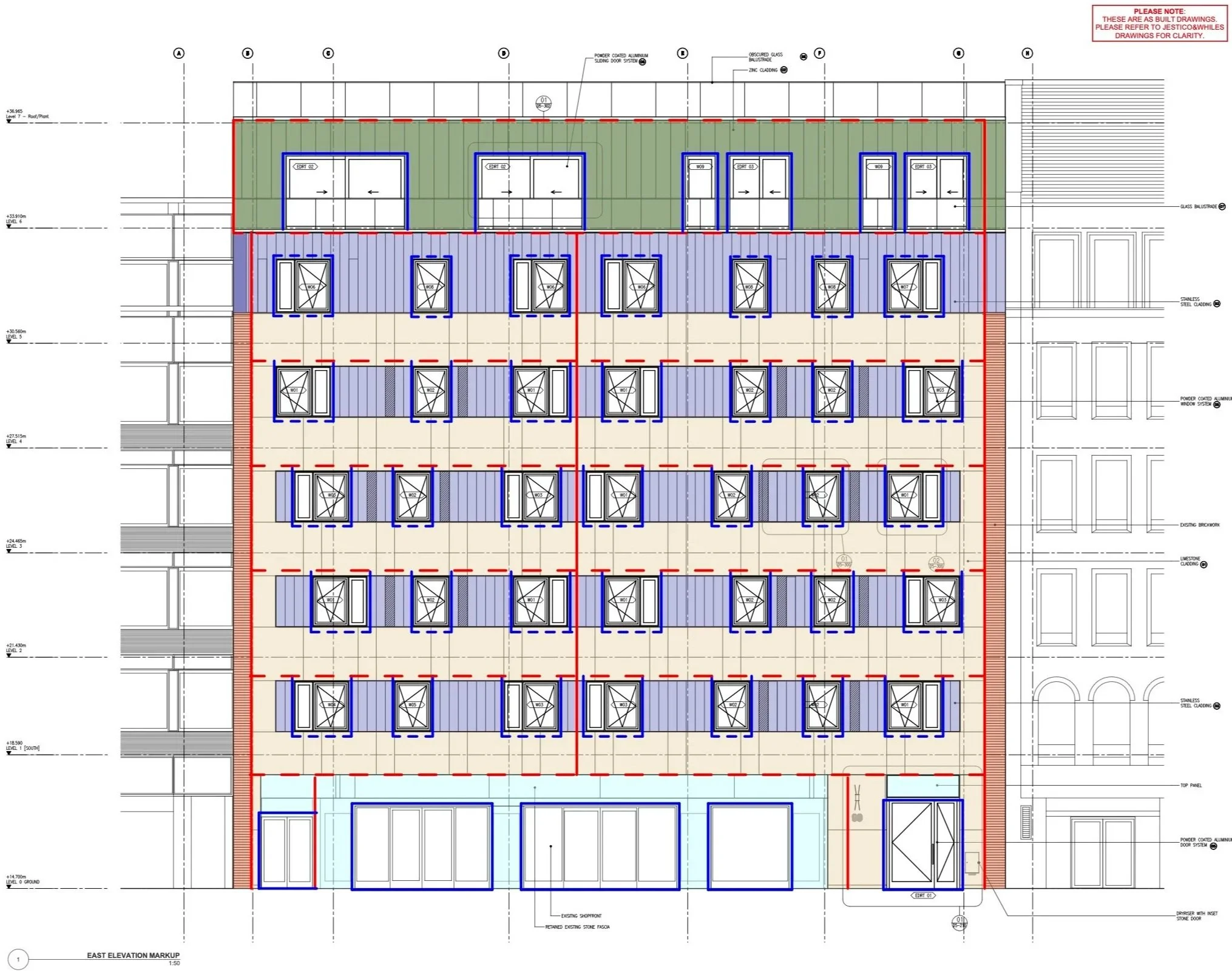 Architectural drawing showing the east elevation of a building with windows, doors, and detailed construction notes.