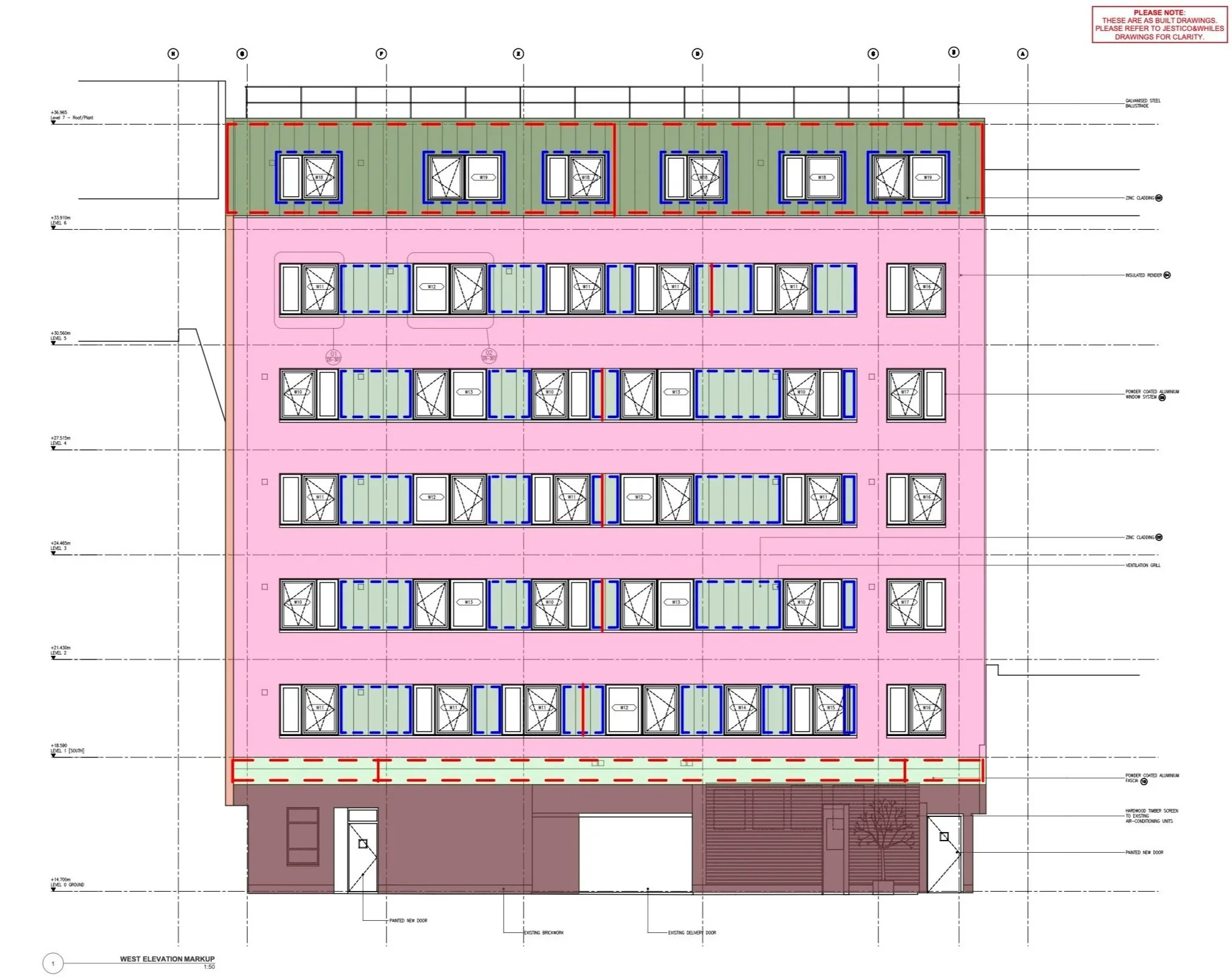 Architectural drawing of a multi-story building's west elevation, showing windows, doors, and building materials with color-coded sections.