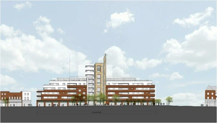 Architectural drawing of a modern multi-story building with brown and white exterior, surrounded by small trees and other buildings, under a partly cloudy sky.