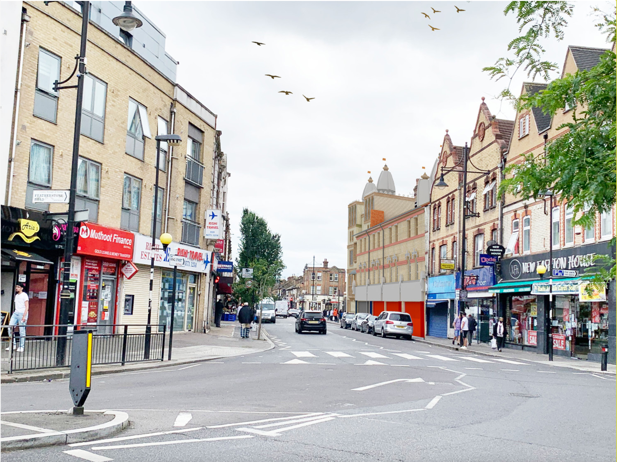 A city street scene with buildings, parked cars, pedestrians, shop signs, and birds flying in the sky.