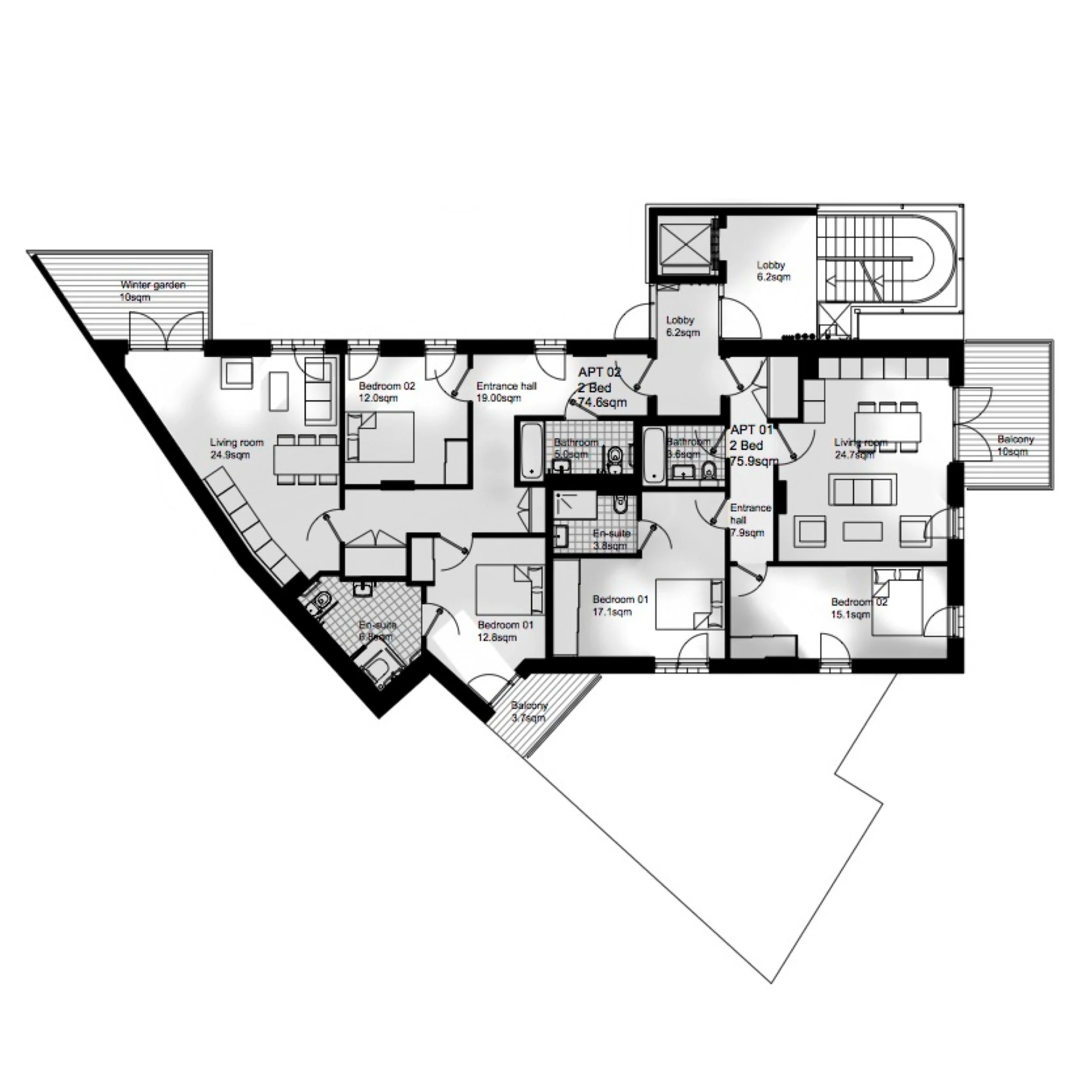 Floor plan of a multi-unit residential building with labeled rooms, balconies, living areas, bedrooms, bathrooms, and lobbies.