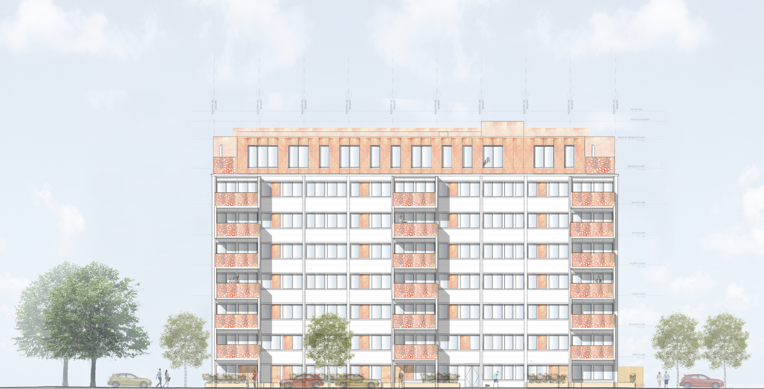 Architectural drawing of a multi-story residential building with trees and cars in the foreground.