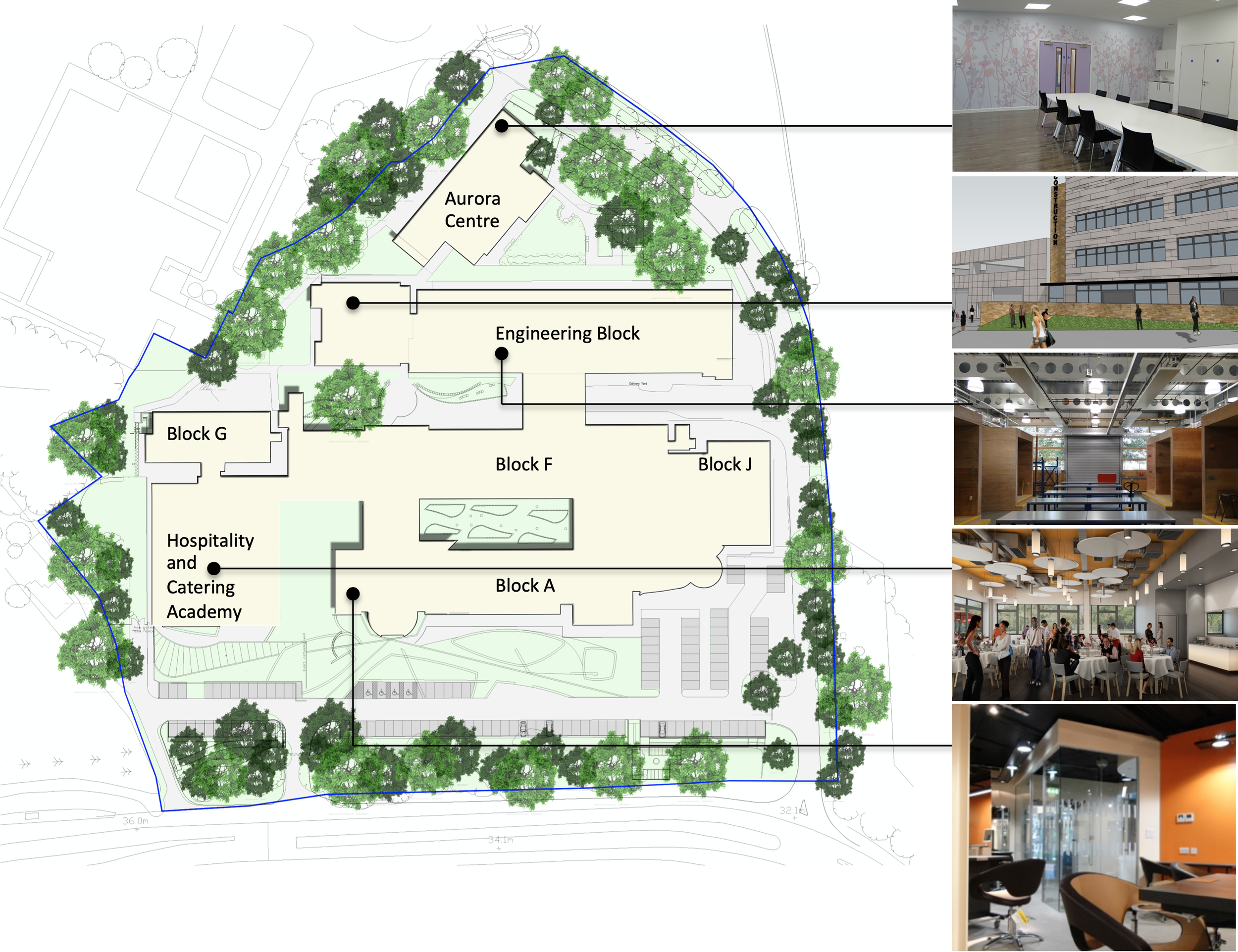 Site plan of a campus layout with labeled buildings: Aurora Centre, Engineering Block, Block G, Block F, Block J, Hospitality and Catering Academy. Surrounding trees and outdoor areas; right side shows interior photos of a conference room, office bui