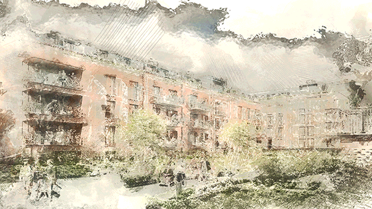 animated images that include a sketch that slowly converts itself into an 3d elevation of a residential development