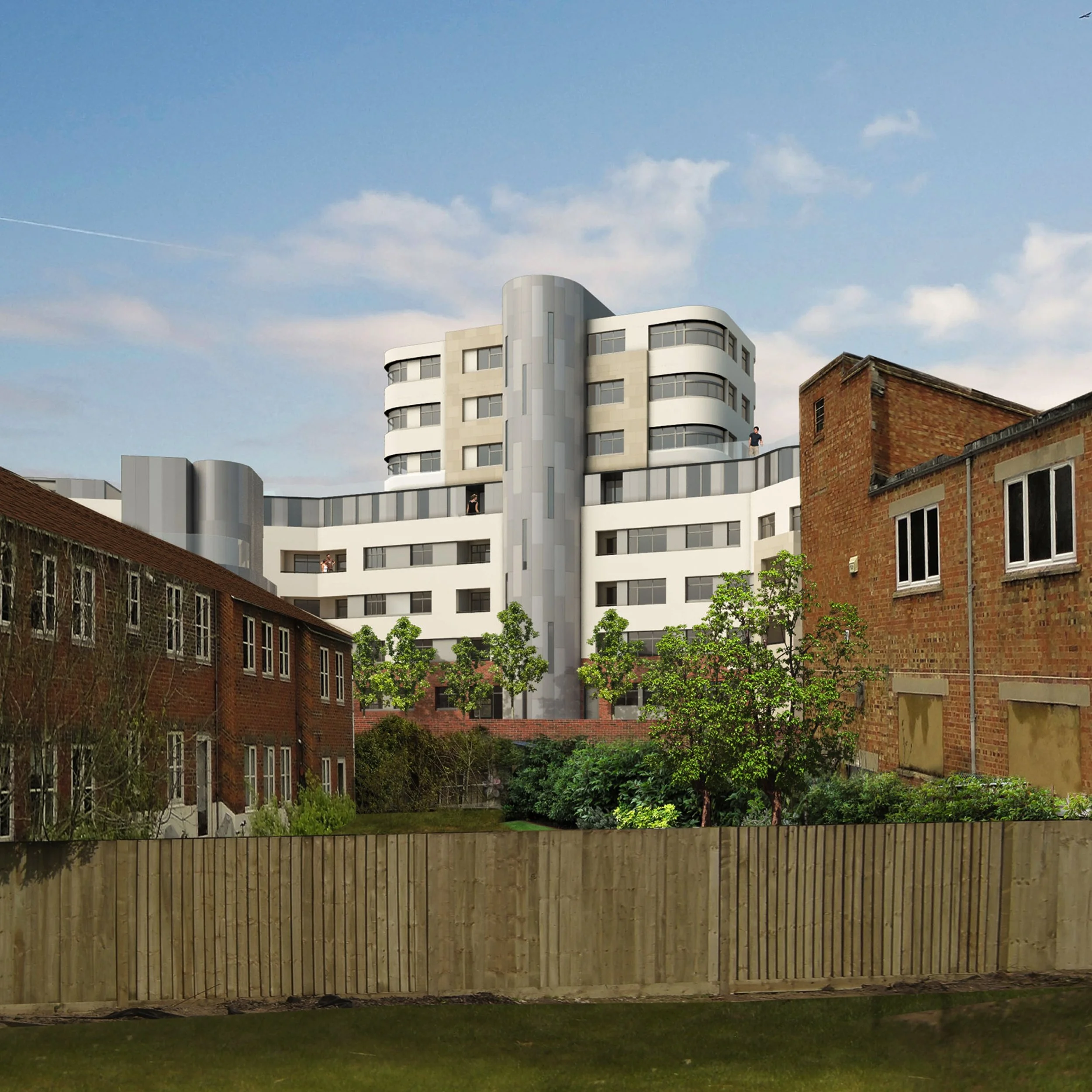 A digitally rendered modern apartment building with curved balconies, gray and white exterior, situated behind older brick houses with gardens, green trees, and a wooden fence in the foreground under a cloudy sky.