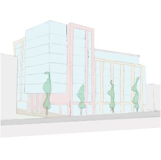 drawing sketch of a building with trees and big windows