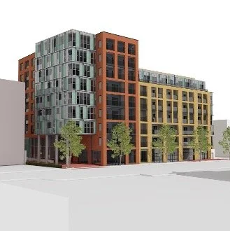 CGI of a building, brick and big glass windows, and trees at the front.