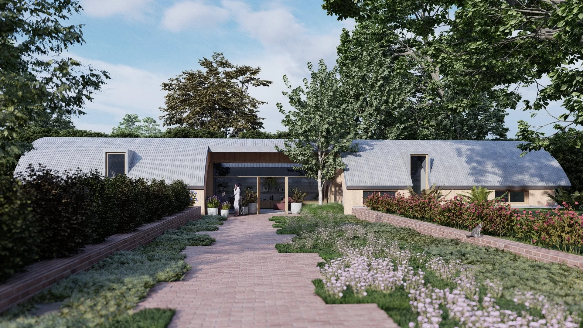 Modern house with arched, metallic roof, surrounded by greenery, trees, and flowering plants, with a brick pathway leading to the entrance.