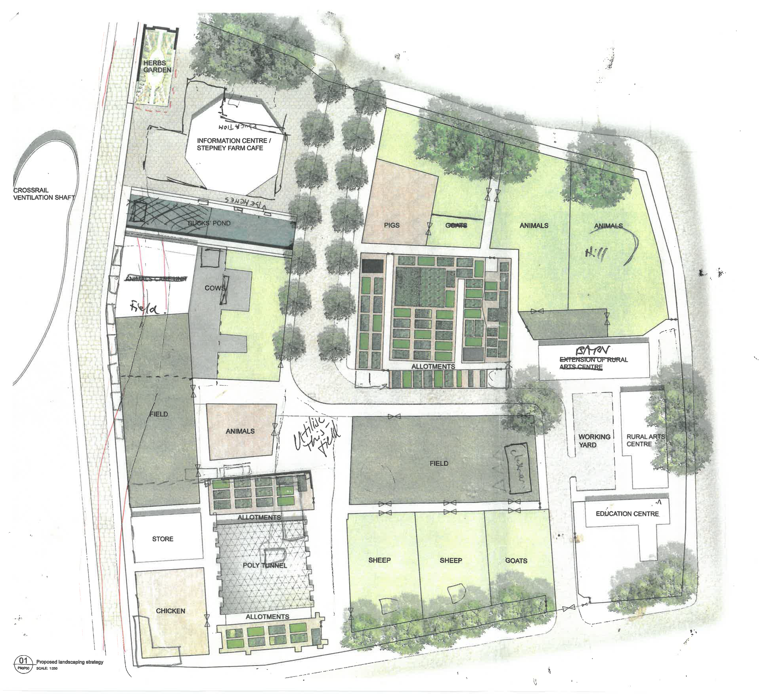 Site plan of a community farm with fields, animal enclosures, gardens, a cafe, and various buildings and pathways.