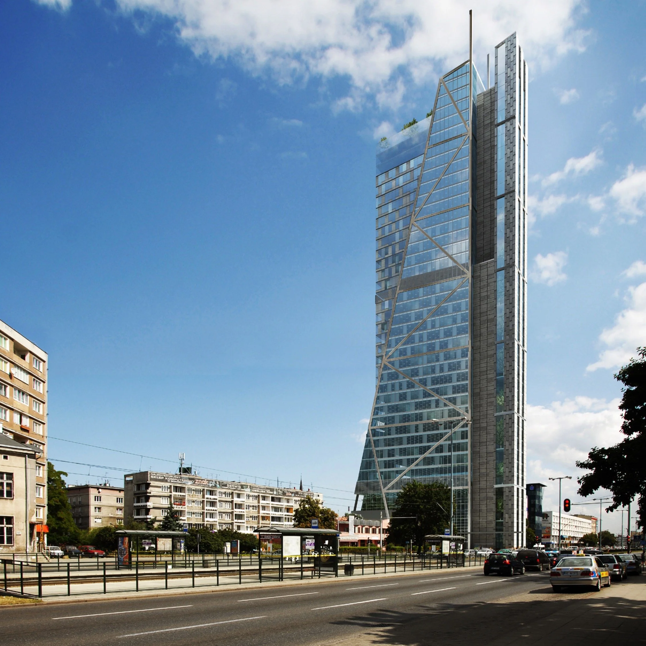 Photo of a skyscaper, with steel exoskeleton for the wigs and a sleek metal and glass central element.