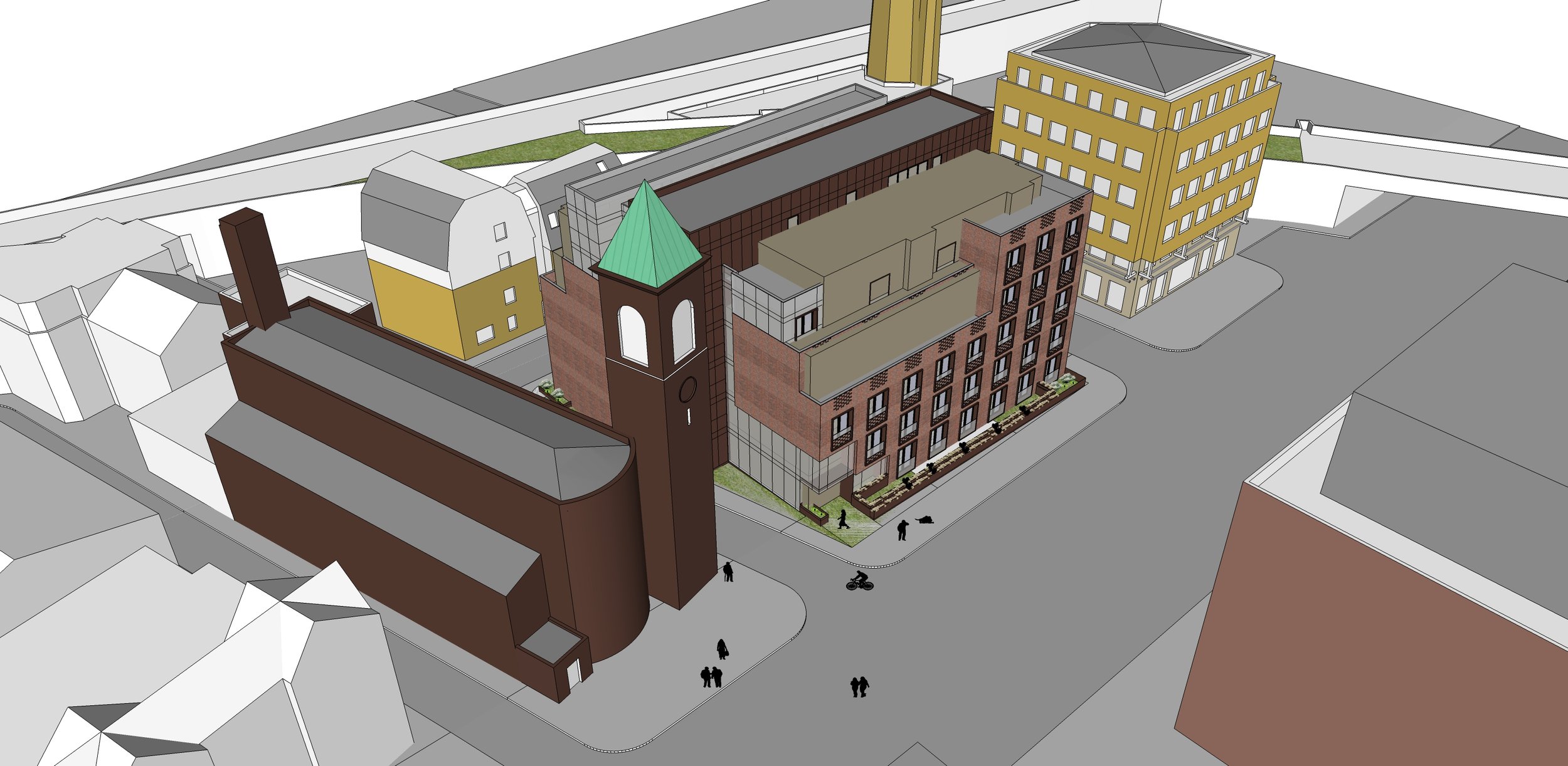 A 3D architectural rendering of city buildings, including a church with a clock tower, surrounding commercial and residential buildings, streets, sidewalks, and small trees, with people and a motorcycle on the streets.